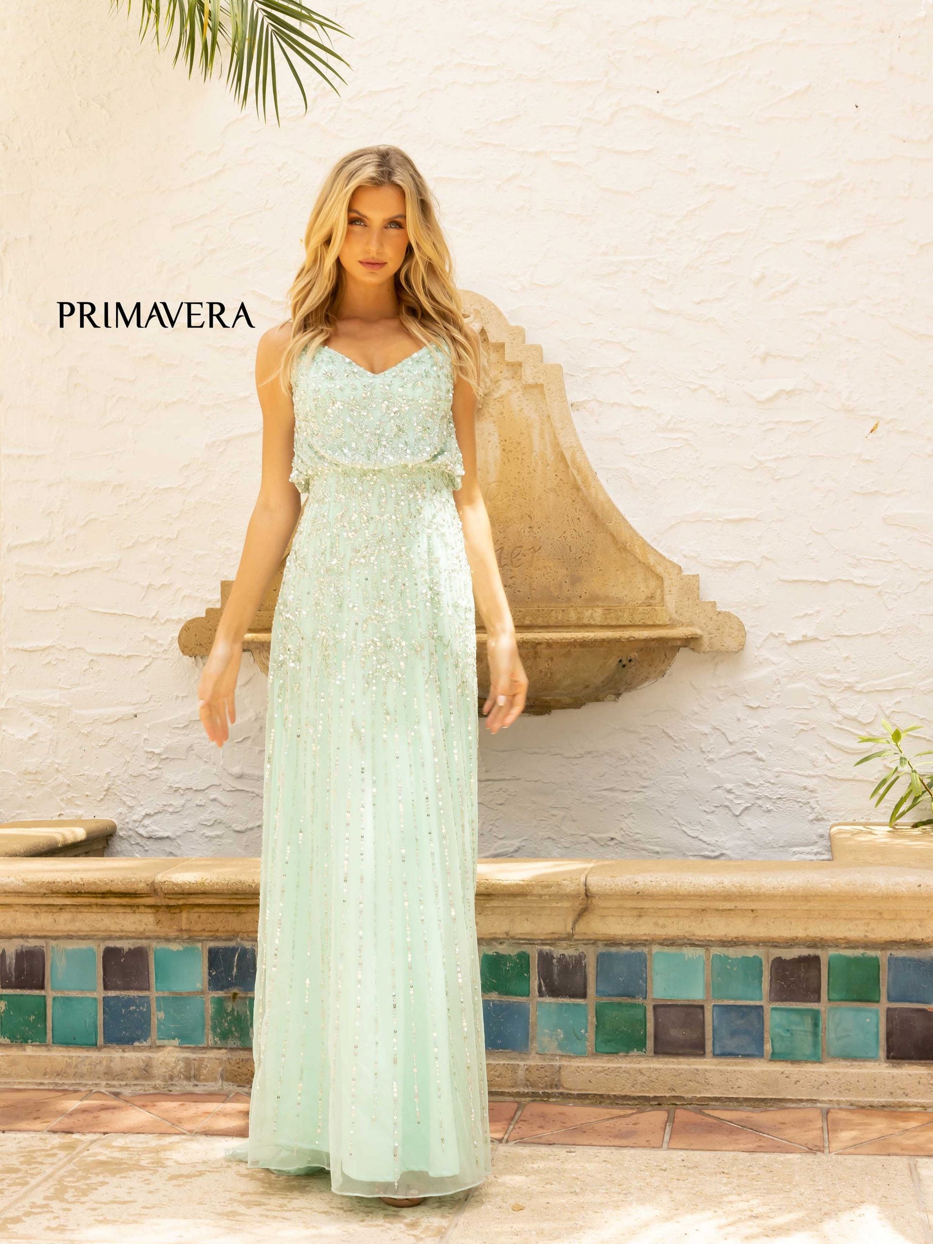 V-Neck Floor-Length Mesh Formal A-Line Gown - Primavera Couture PC13104