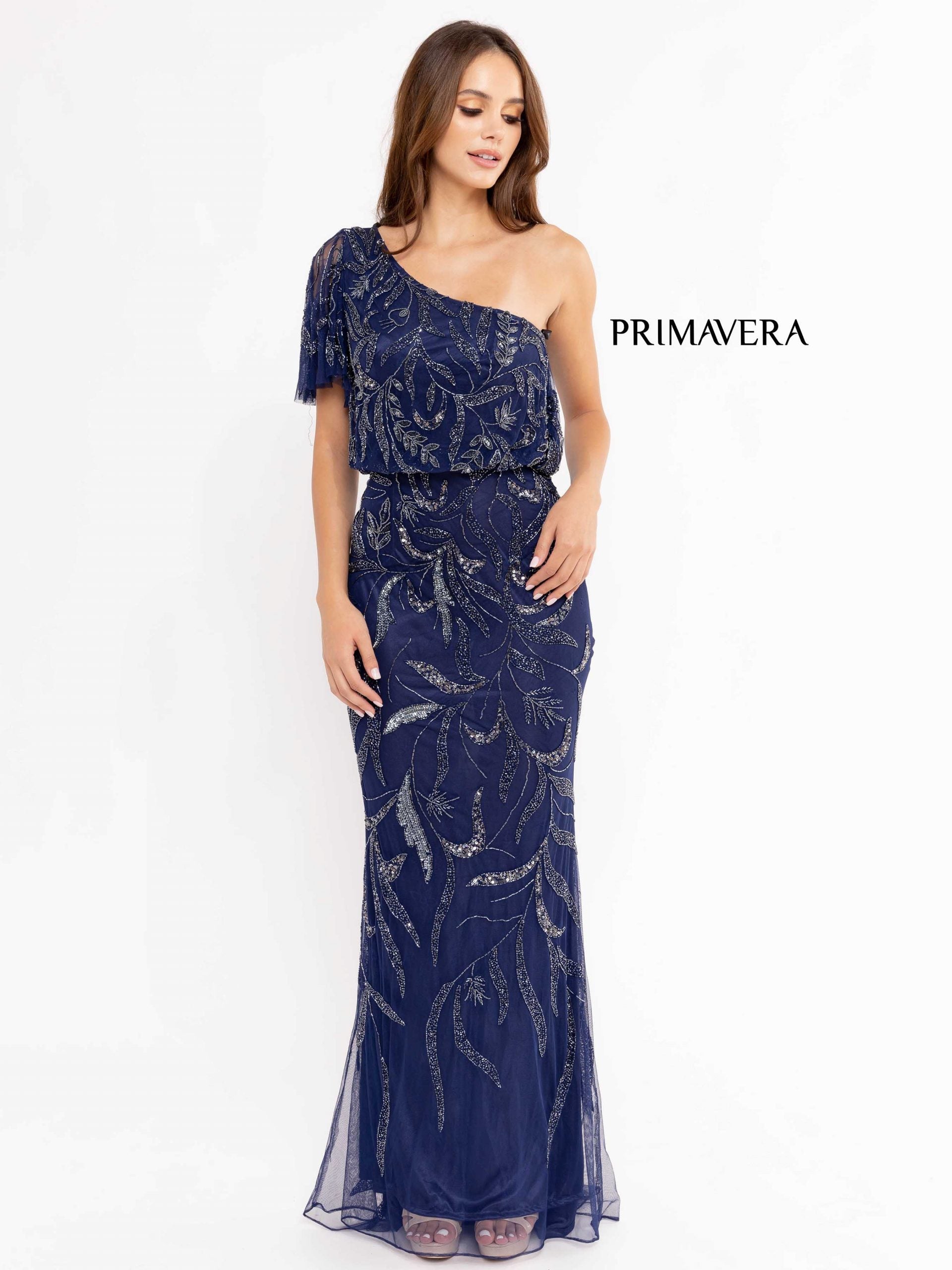 One-Shoulder Floor-Length Mesh Formal Evening Sheath Gown by Primavera Couture PC13106