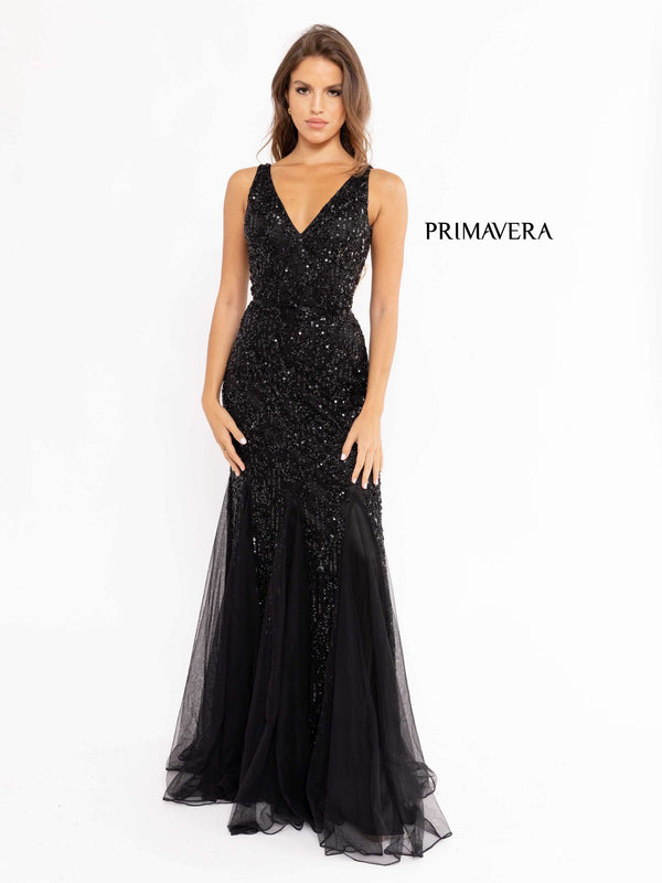 V-Neck Floor-Length Beaded Tulle Formal Mermaid Gown Primavera Couture 13107
