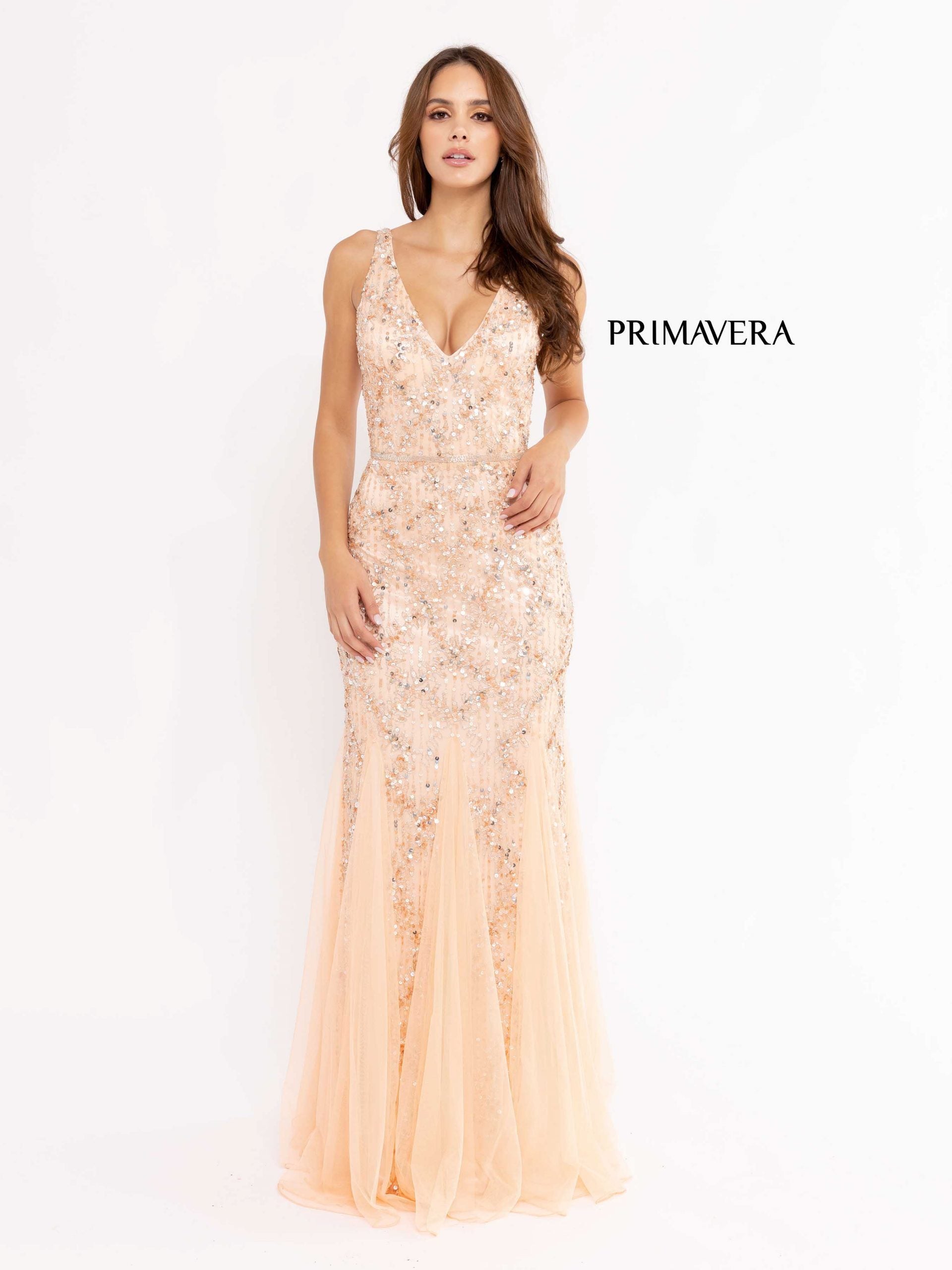 V-Neck Floor-Length Beaded Tulle Formal Mermaid Gown - Primavera Couture PC13107
