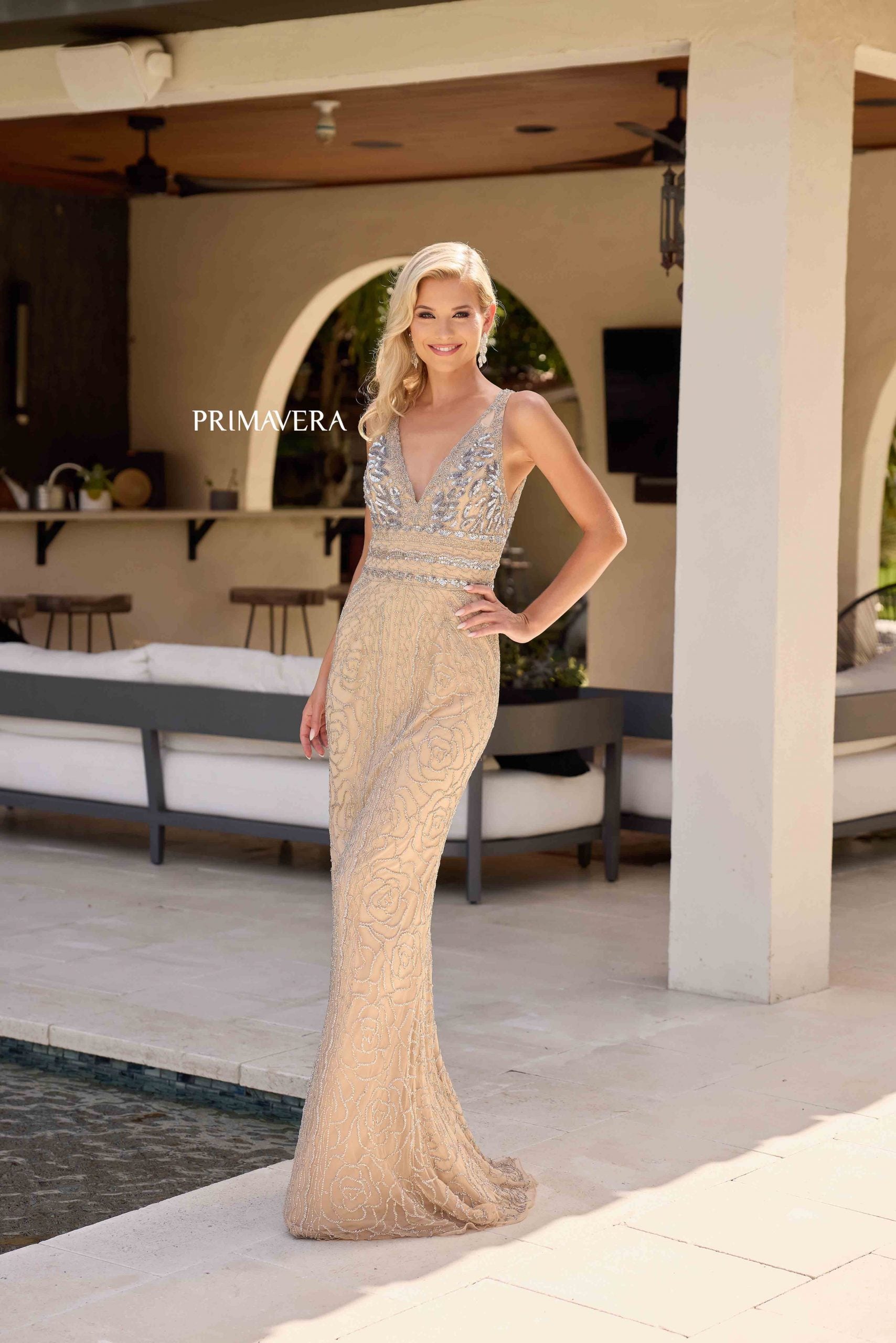 Nude V-Neck Floor-Length Sequin Formal Gown Beaded Detailing Primavera Couture 13131