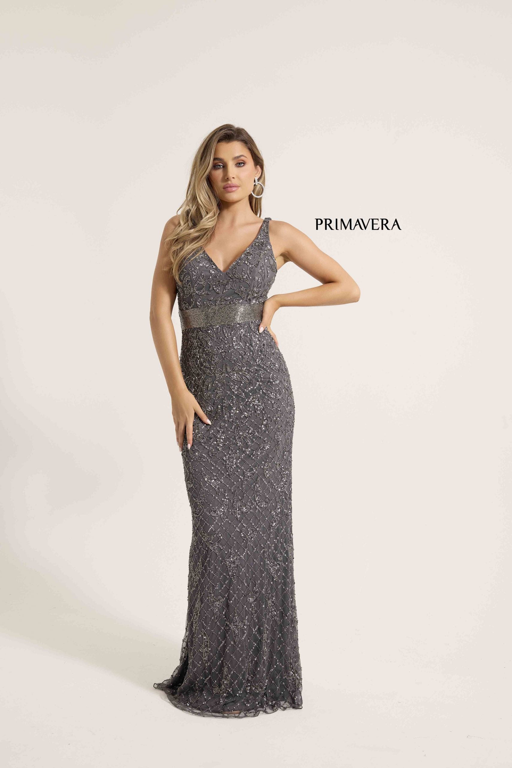 Formal Dresses Beaded Prom Fitted Long Formal Dress Primavera Couture 13132 Charcoal