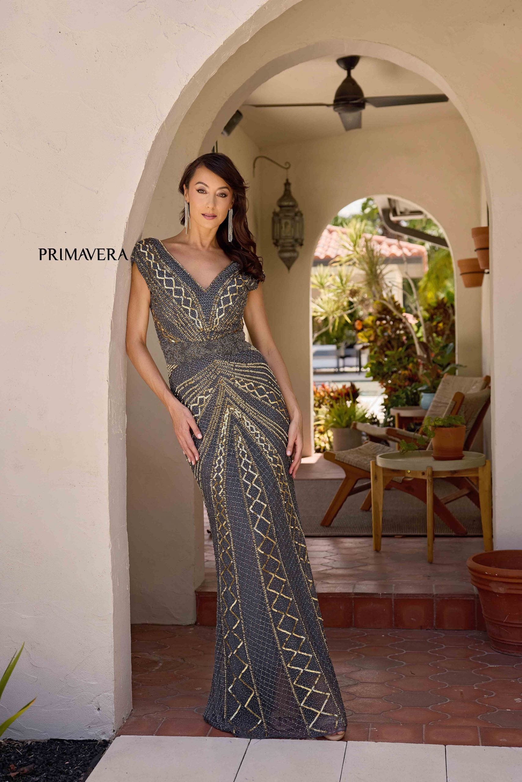 Charcoal Gold V-Neck Floor-Length Sequin Formal Gown Beaded Detailing Primavera Couture 13135