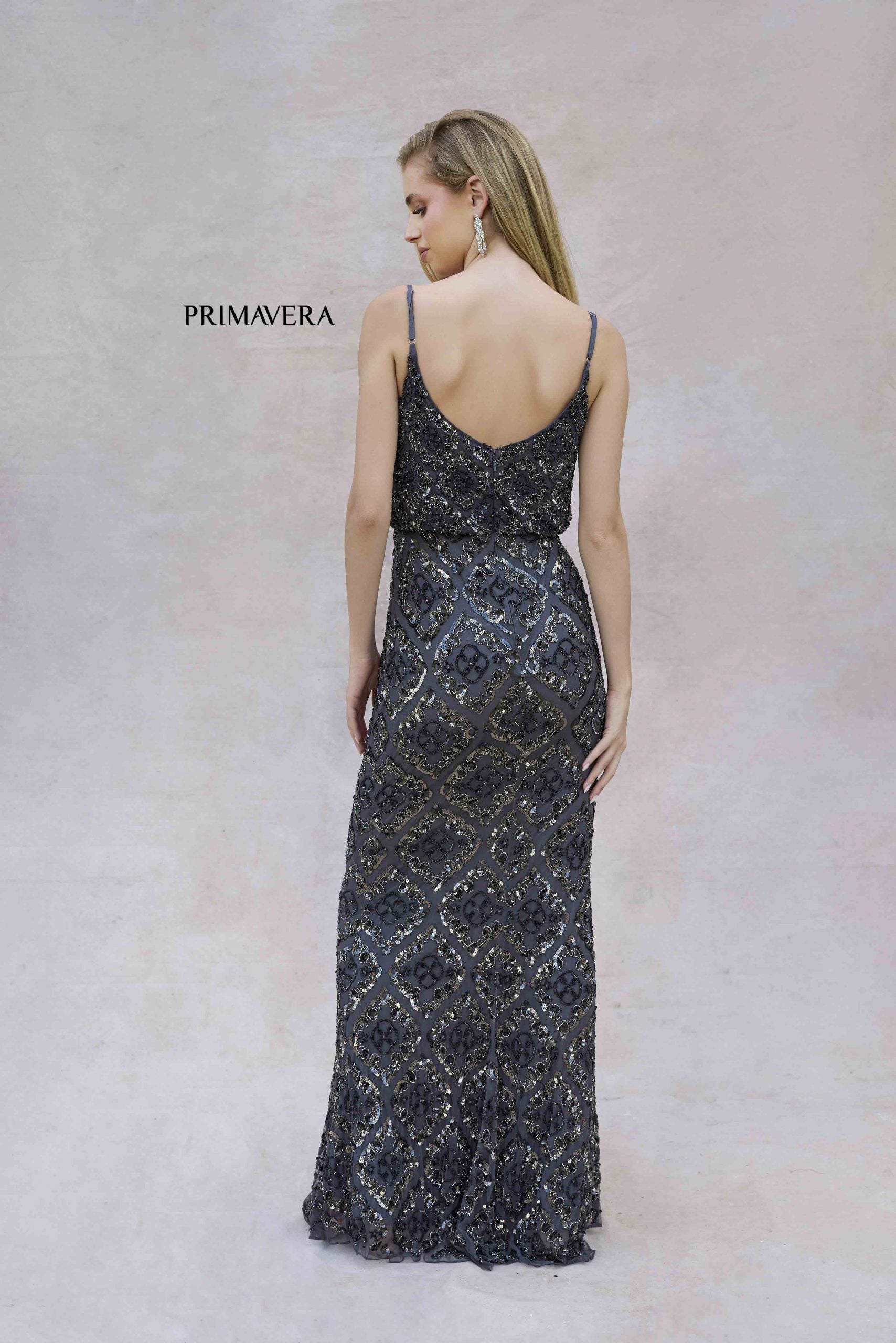Charcoal V-Neck Floor-Length Sequin Formal Gown Peplum Primavera Couture 13139