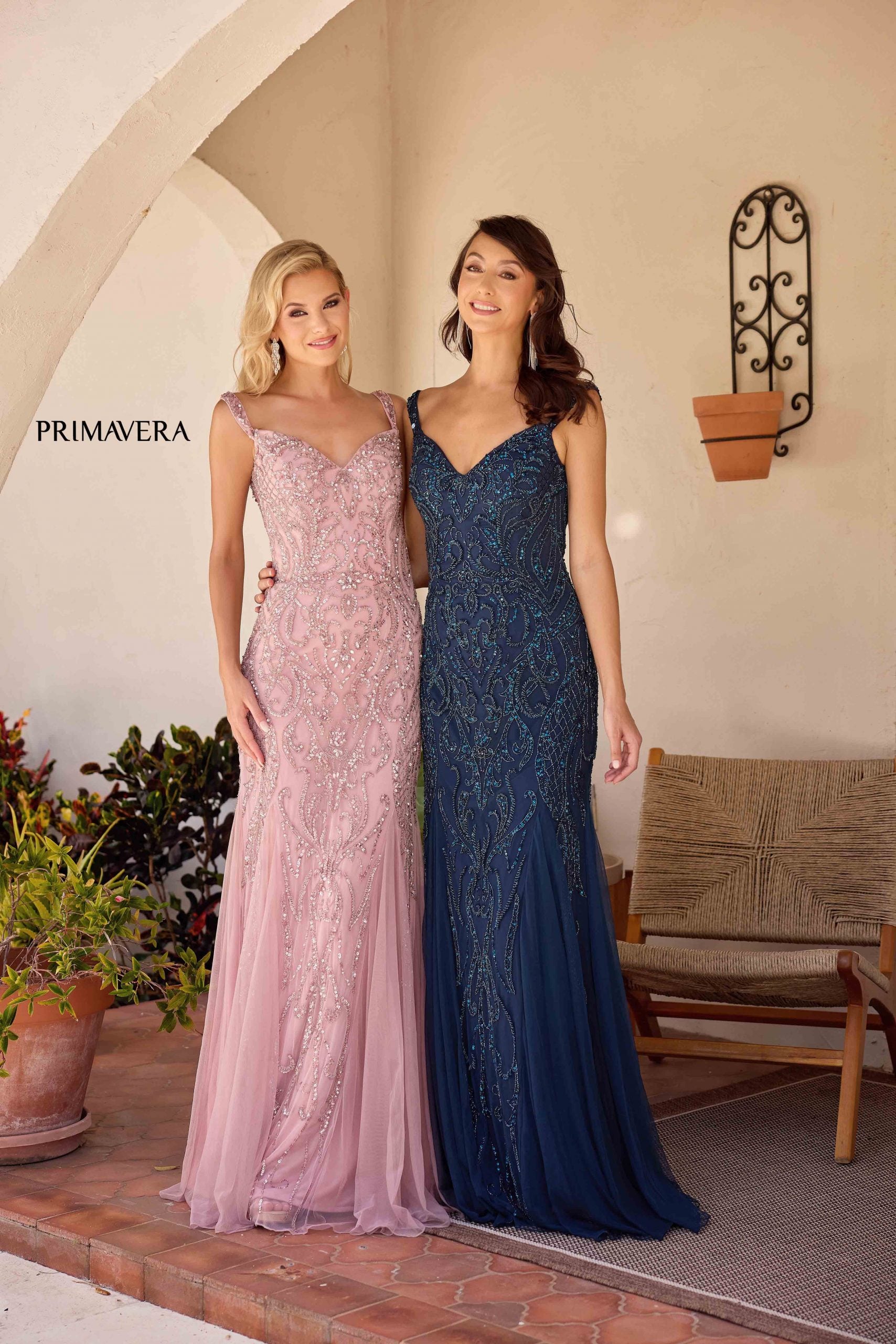 Dusty Rose V-Neck Floor-Length Sequin Mesh Formal Gown Flutter Sleeves Primavera Couture 13143