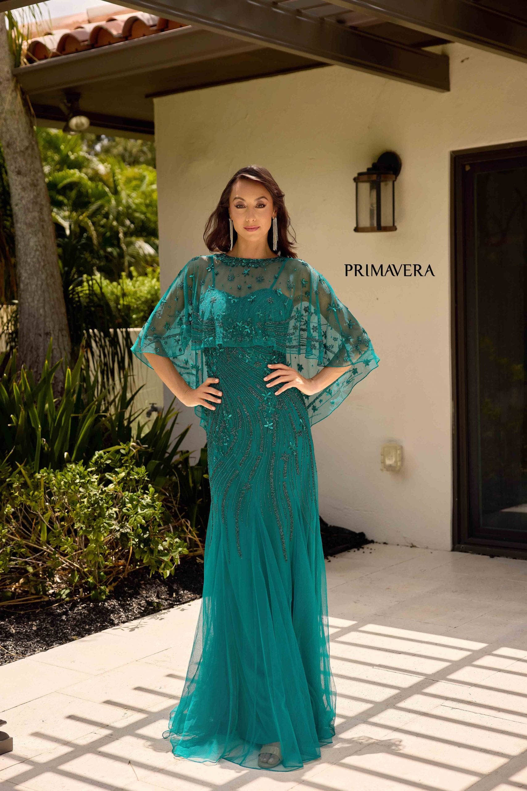 Teal Illusion Bateau Floor-Length Mesh Formal Cape Sleeve Gown Primavera Couture 13145