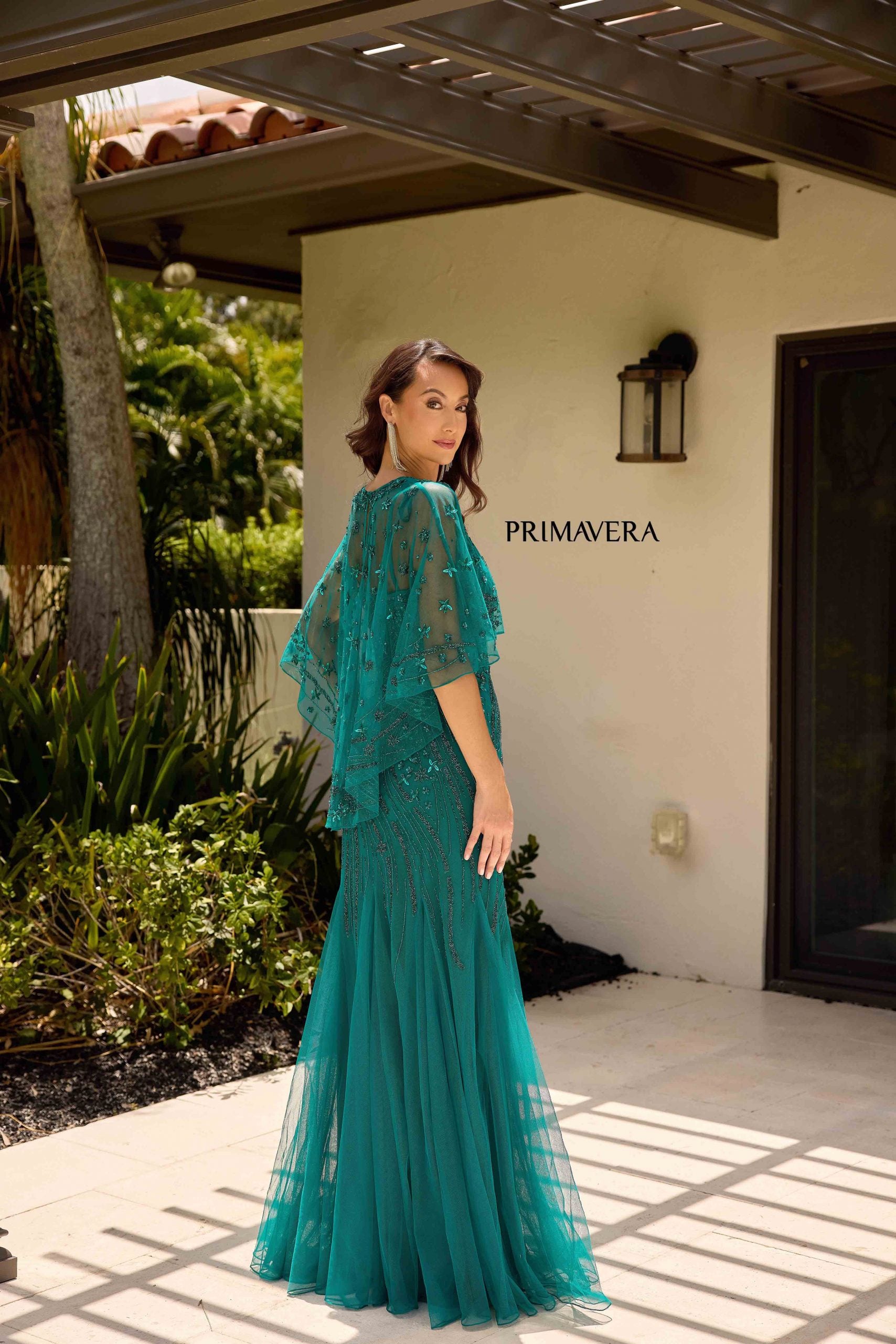Teal Illusion Bateau Floor-Length Mesh Formal Cape Sleeve Gown Primavera Couture 13145