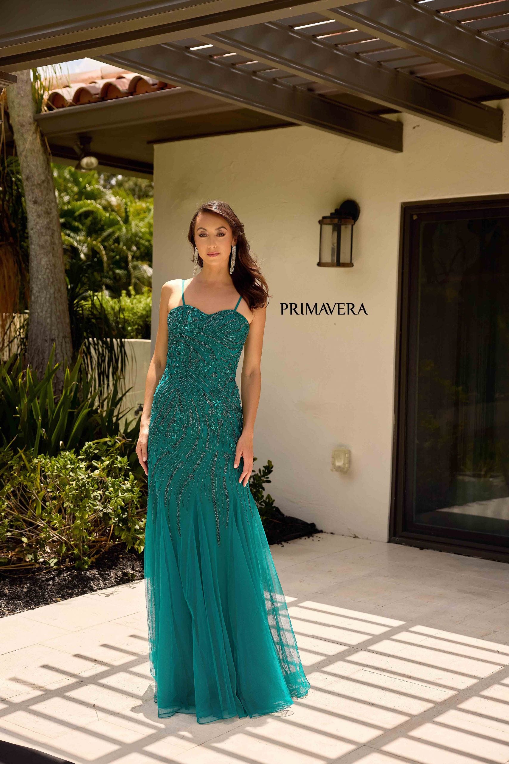 Teal Illusion Bateau Floor-Length Mesh Formal Cape Sleeve Gown Primavera Couture 13145