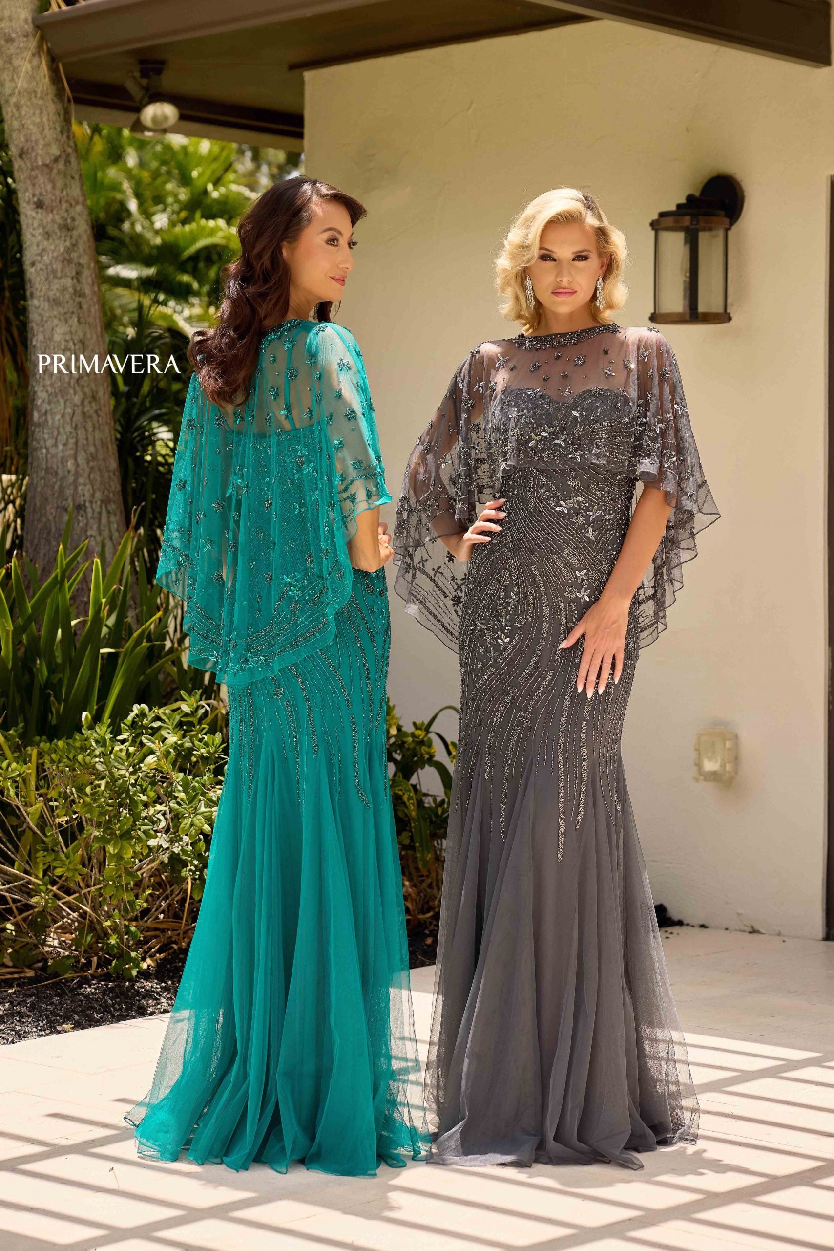 Teal Illusion Bateau Floor-Length Mesh Formal Cape Sleeve Gown Primavera Couture 13145