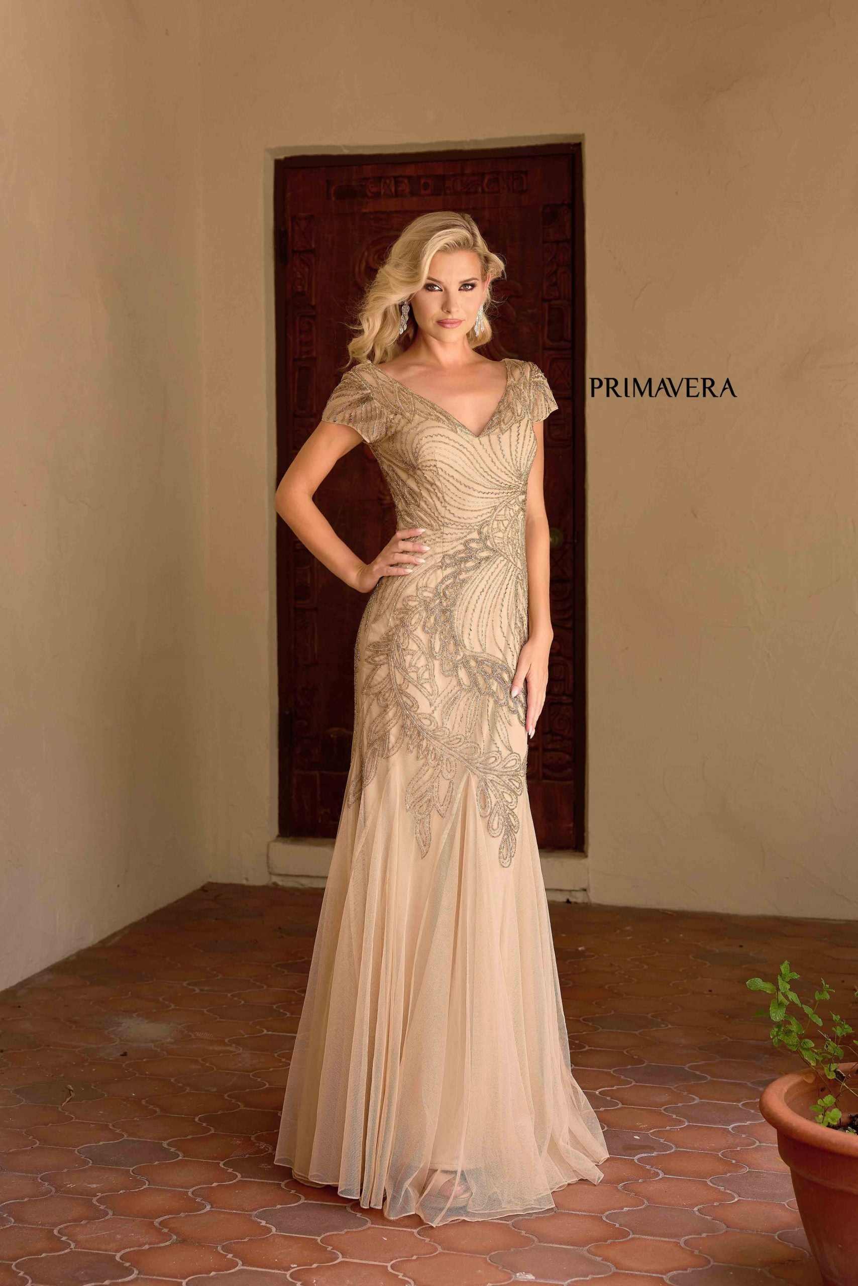 Caramel V-Neck Floor-Length Sequin Mesh Formal Gown with Flutter Sleeves Primavera Couture 13148