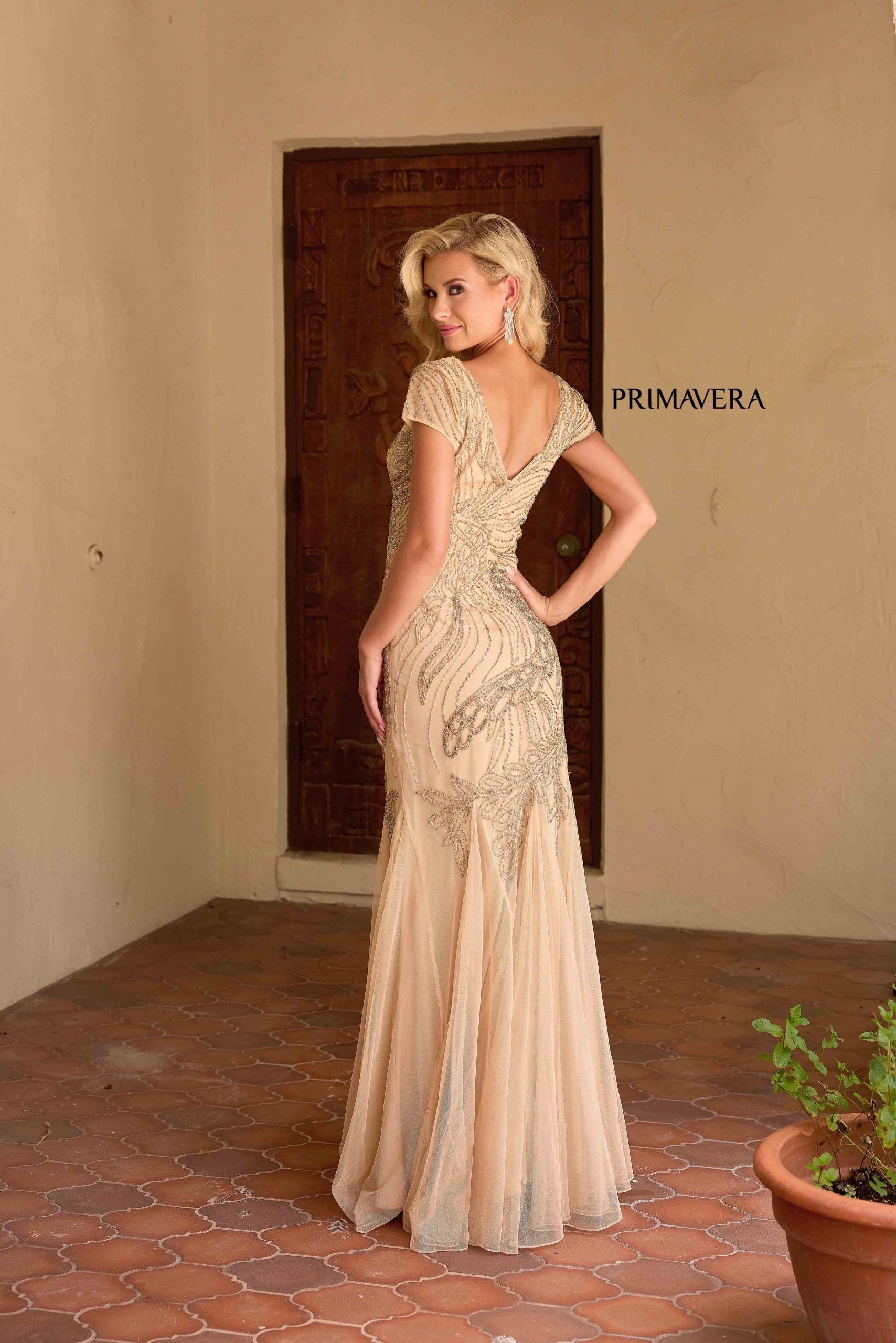 Caramel V-Neck Floor-Length Sequin Mesh Formal Gown with Flutter Sleeves Primavera Couture 13148