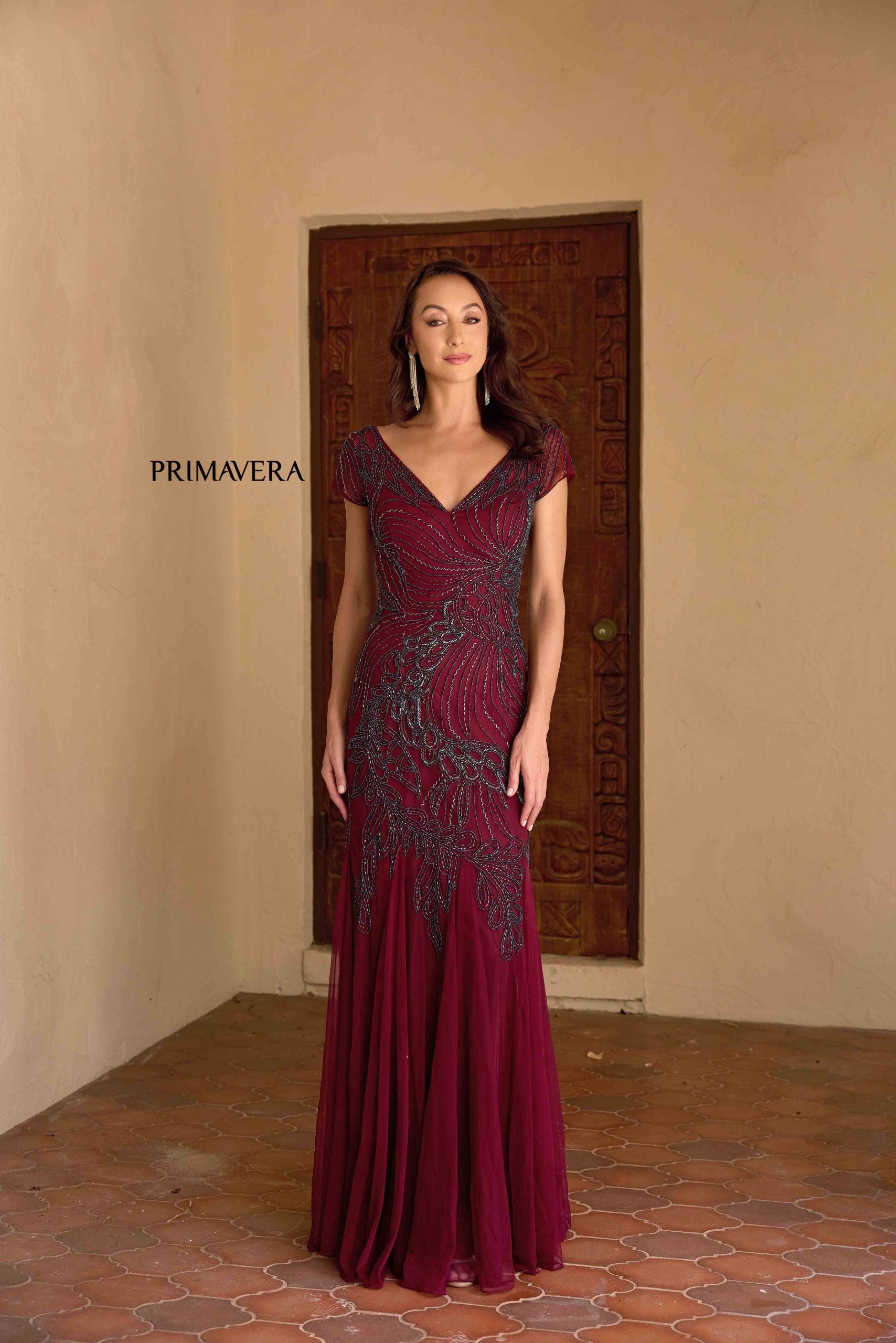 Wine V-Neck Floor-Length Sequin Mesh Formal Gown with Flutter Sleeves Primavera Couture 13148
