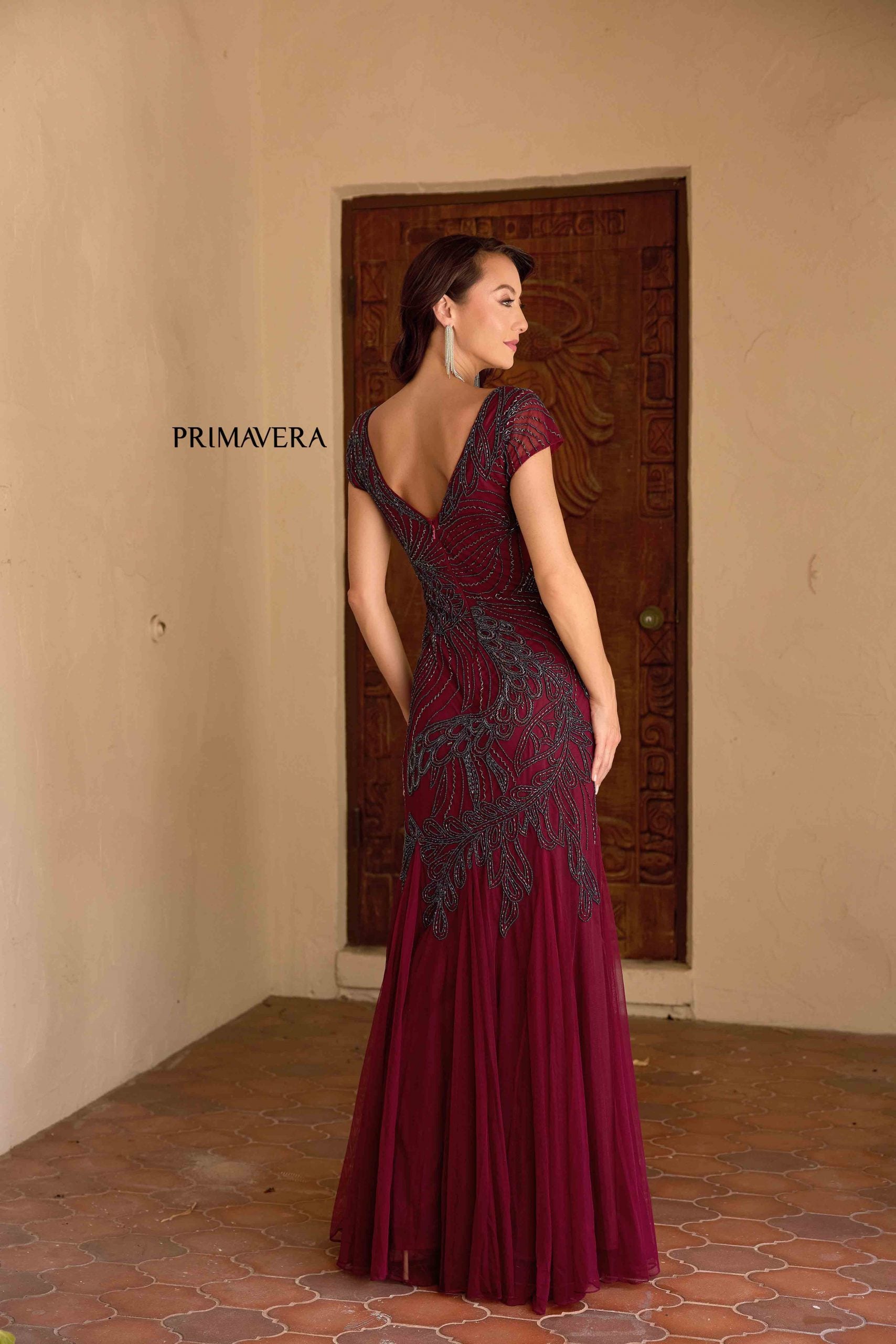 Wine V-Neck Floor-Length Sequin Mesh Formal Gown with Flutter Sleeves Primavera Couture 13148