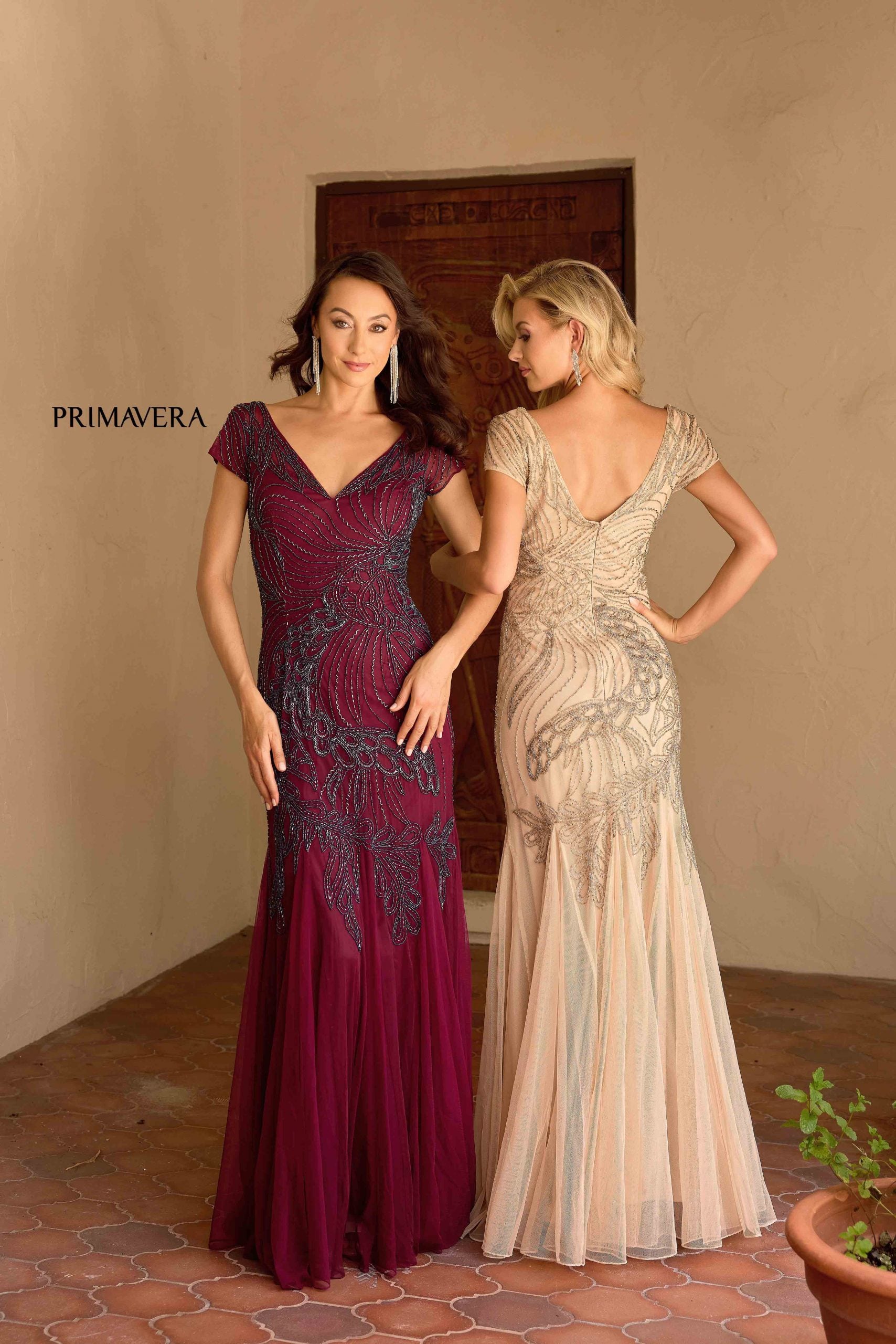 Caramel V-Neck Floor-Length Sequin Mesh Formal Gown with Flutter Sleeves Primavera Couture 13148
