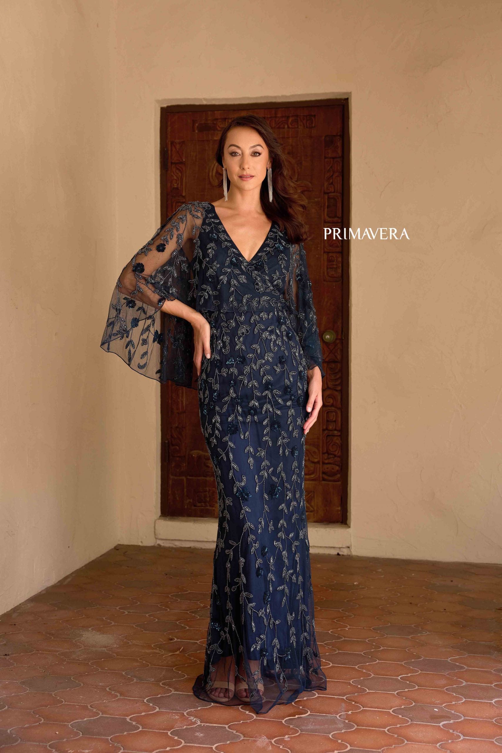 Midnight V-Neck Floor-Length Sequin Mesh Formal Gown Flutter Sleeves Primavera Couture 13149