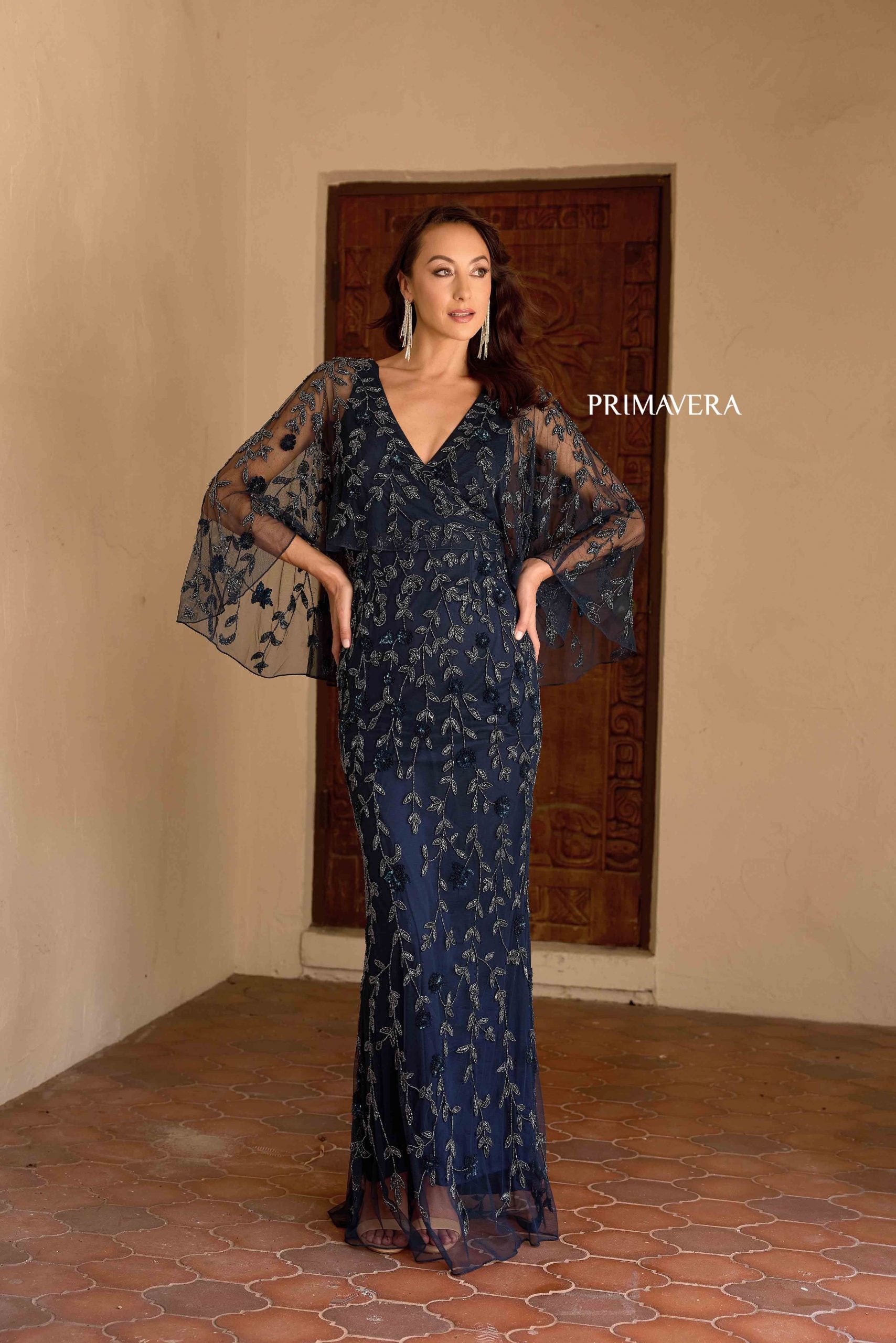 Midnight V-Neck Floor-Length Sequin Mesh Formal Gown Flutter Sleeves Primavera Couture 13149