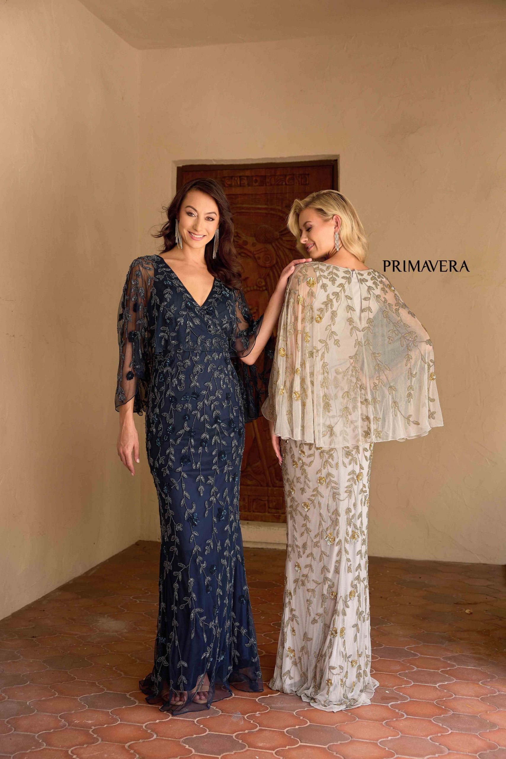 Platinum V-Neck Floor-Length Sequin Mesh Formal Gown Flutter Sleeves Primavera Couture 13149