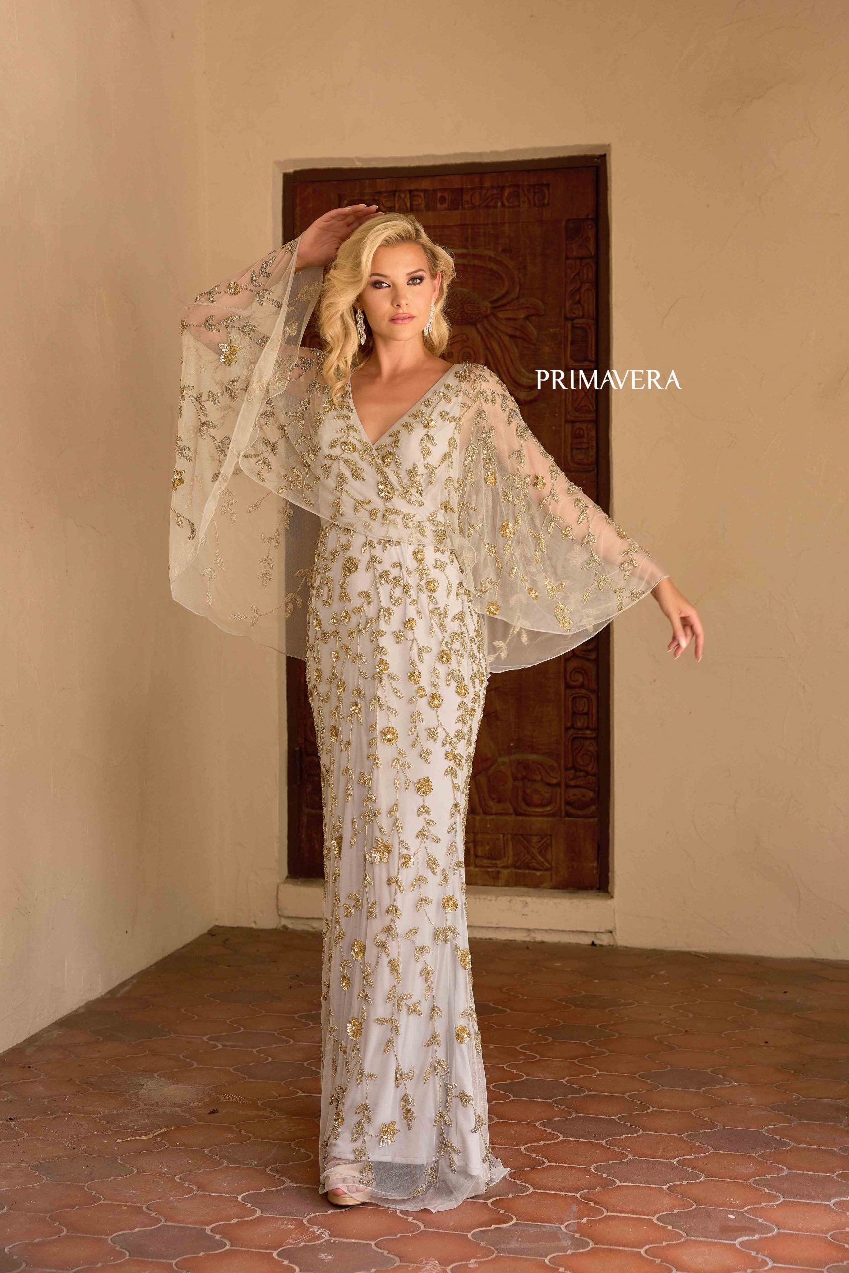 Platinum V-Neck Floor-Length Sequin Mesh Formal Gown Flutter Sleeves Primavera Couture 13149