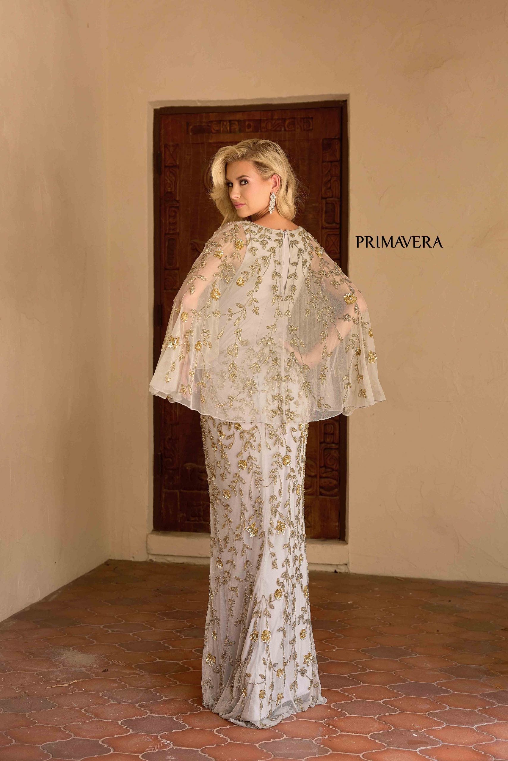 Platinum V-Neck Floor-Length Sequin Mesh Formal Gown Flutter Sleeves Primavera Couture 13149