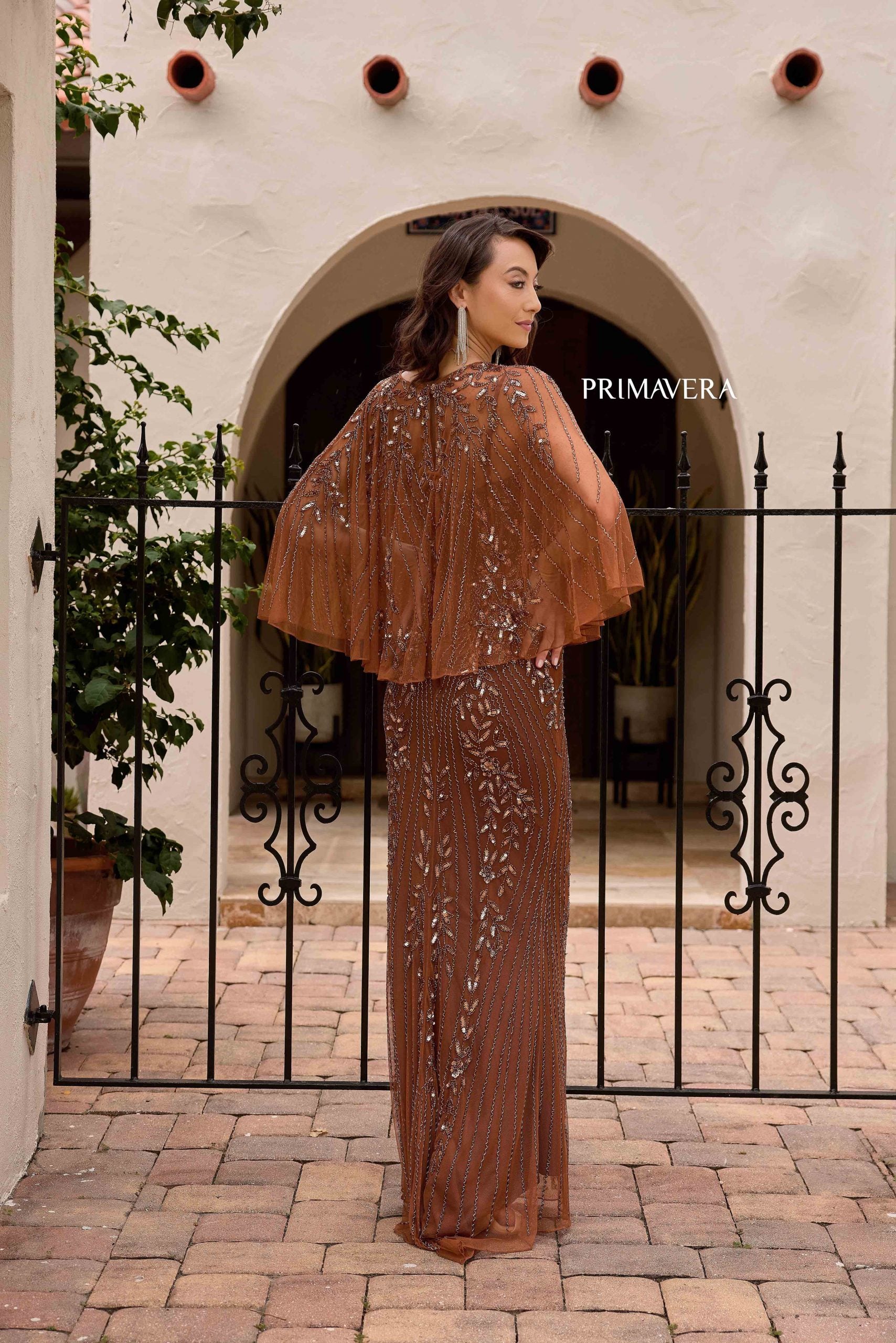 Copper Boat Neck Floor-Length Sequin Mesh Formal Gown Cape Sleeves Primavera Couture 13152