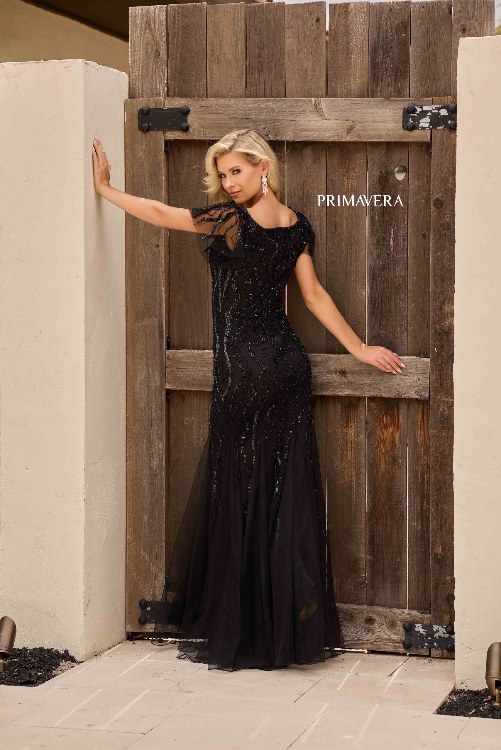 Black Square Neck Floor-Length Sequin Mesh Formal Gown Flutter Sleeves Primavera Couture 13155