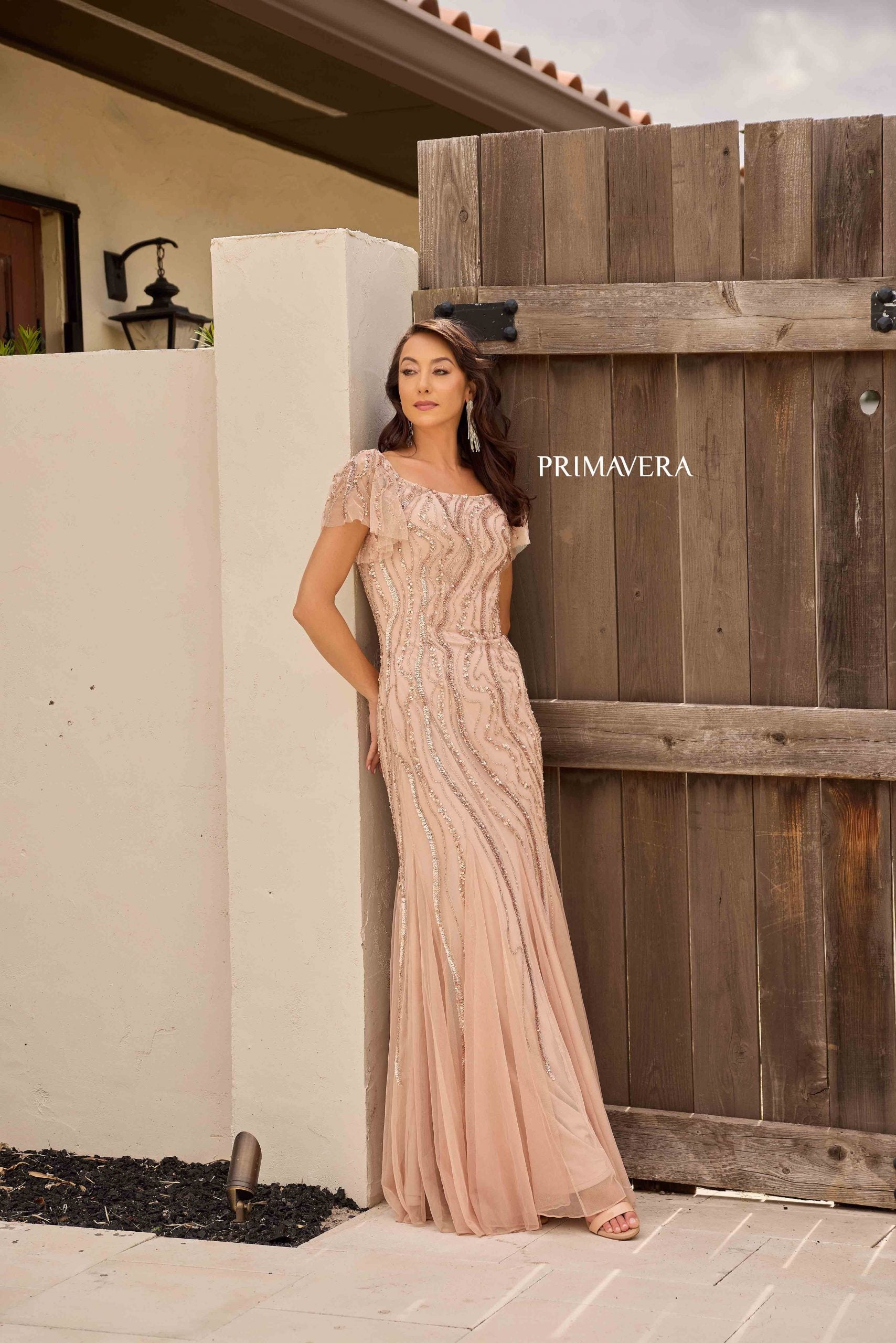 Blush Square Neck Floor-Length Sequin Mesh Formal Gown Flutter Sleeves Primavera Couture 13155