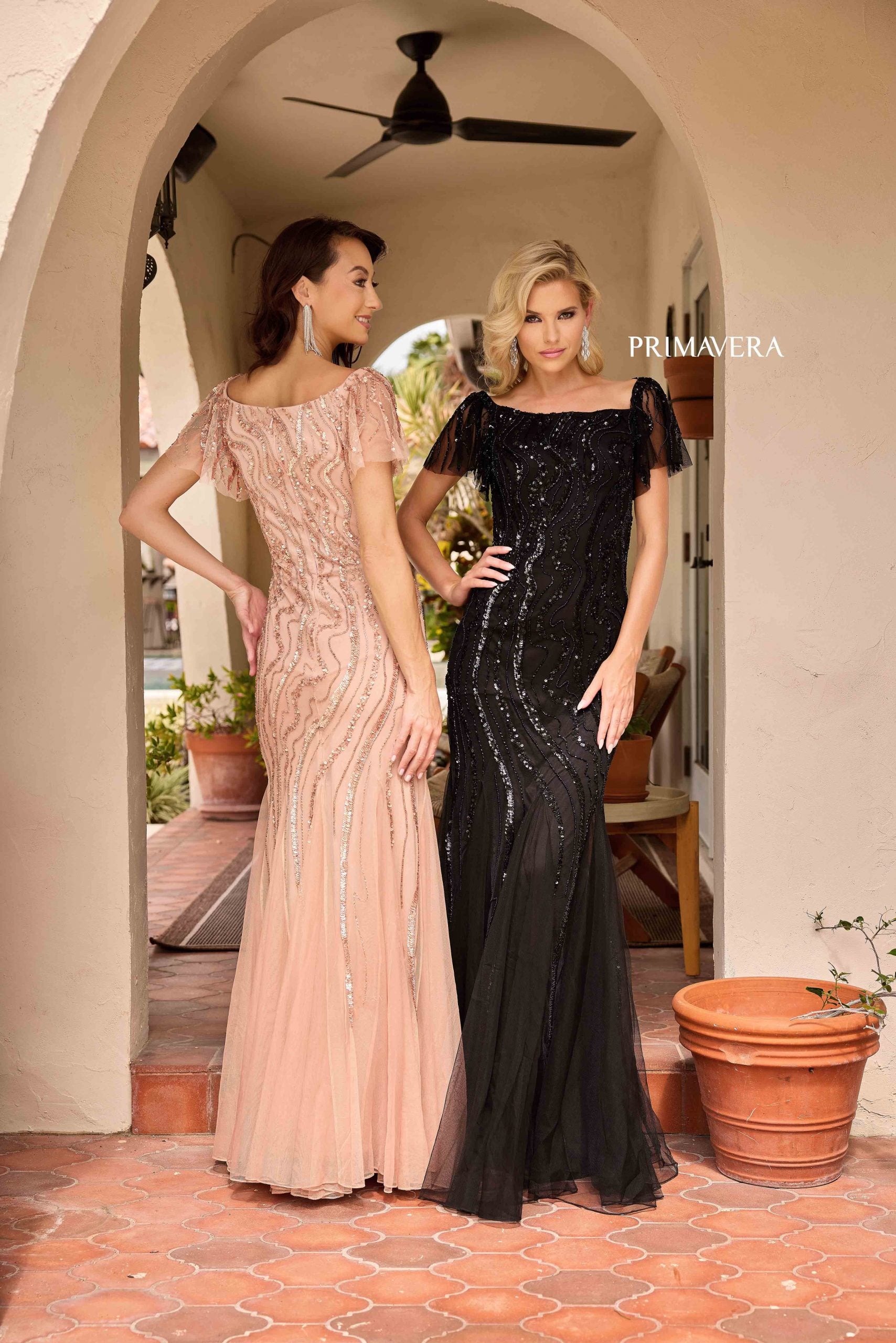 Black Square Neck Floor-Length Sequin Mesh Formal Gown Flutter Sleeves Primavera Couture 13155