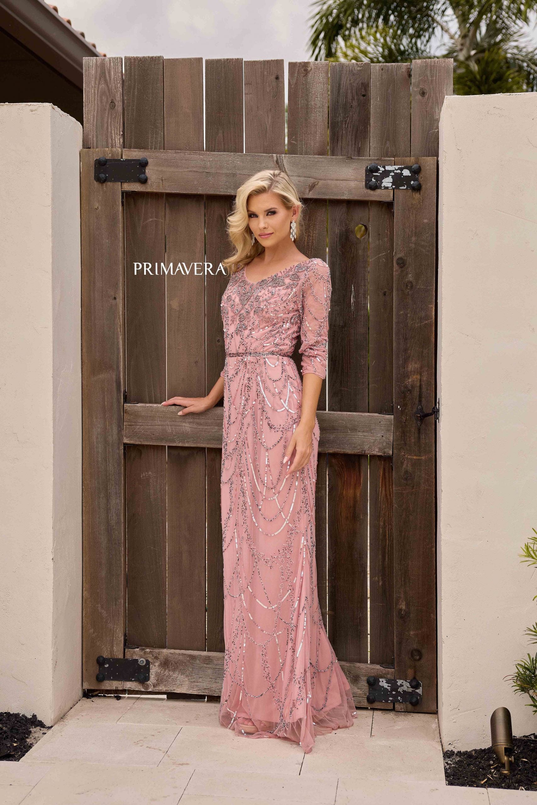 Dusty Pink V-Neck Floor-Length Sequin Mesh Formal Gown Belt Primavera Couture 13156