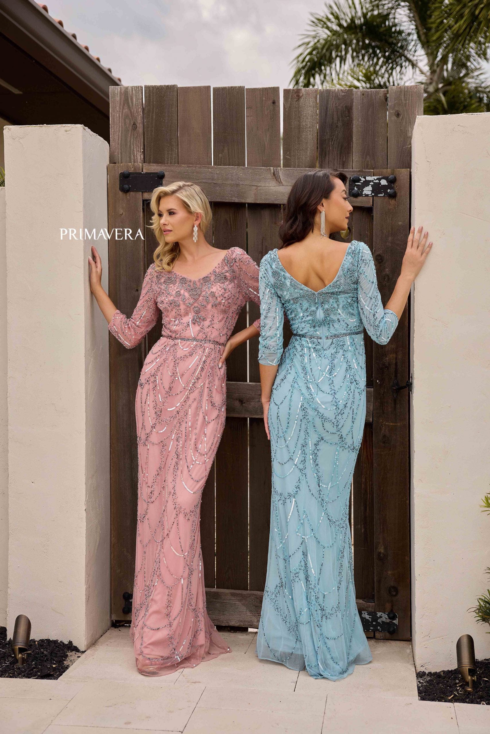 Dusty Pink V-Neck Floor-Length Sequin Mesh Formal Gown Belt Primavera Couture 13156