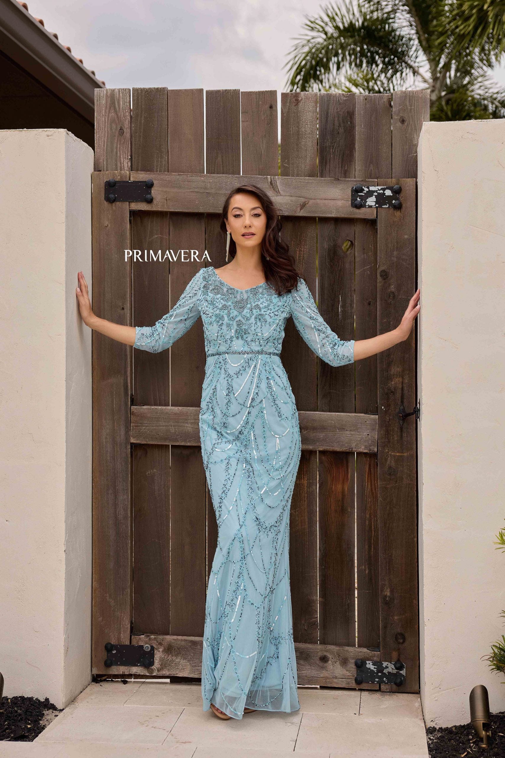 French Blue V-Neck Floor-Length Sequin Mesh Formal Gown Belt Primavera Couture 13156