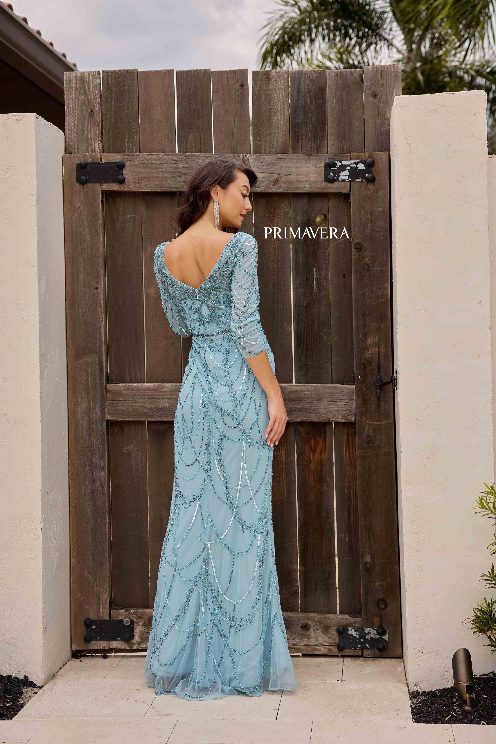 French Blue V-Neck Floor-Length Sequin Mesh Formal Gown Belt Primavera Couture 13156