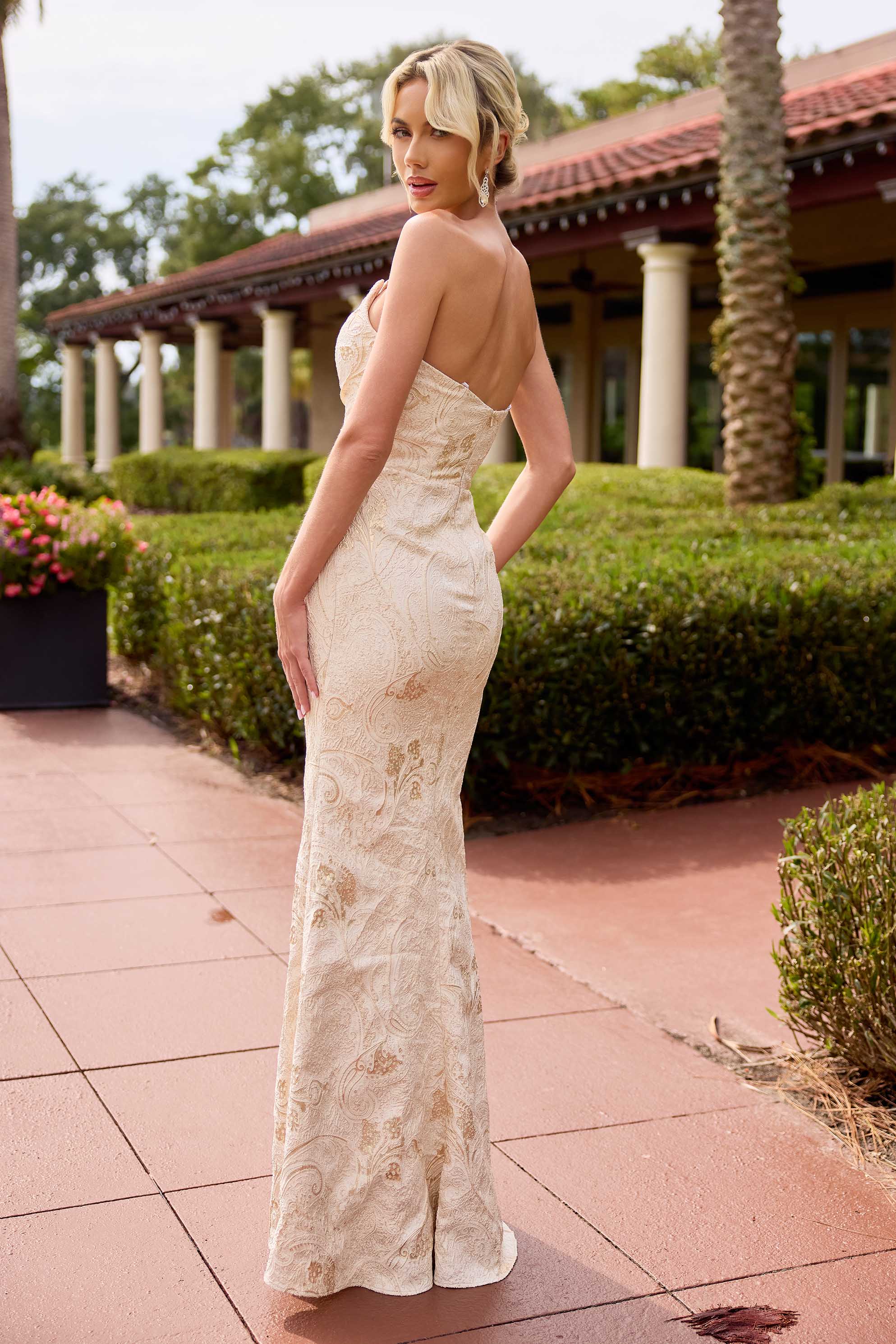 Formal Dresses Long Formal Evening Floral Fitted Dress Primavera Couture 13163 Nude