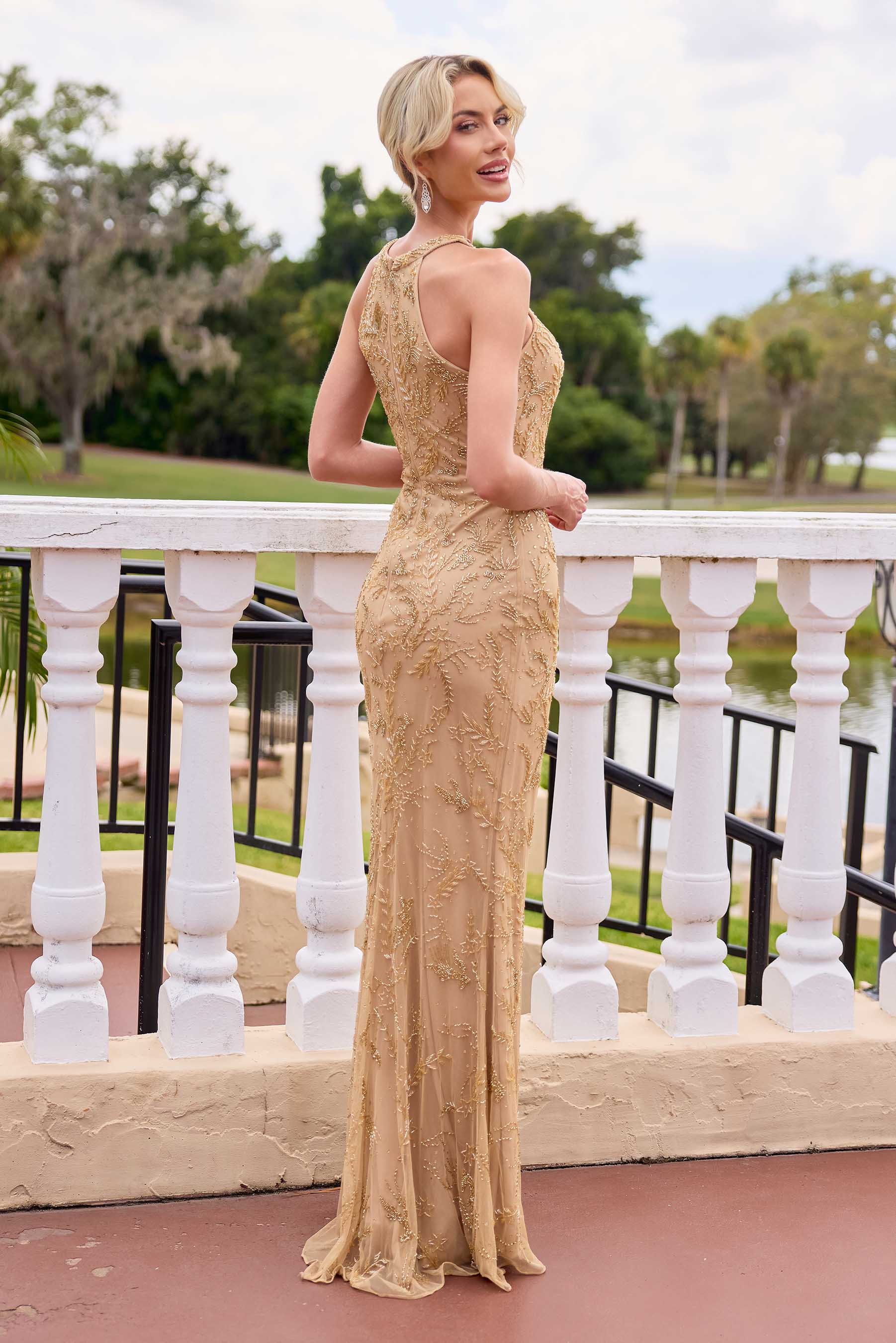 Formal Dresses Long Beaded Evening Fitted Formal Dress Primavera Couture 13166 Champagne