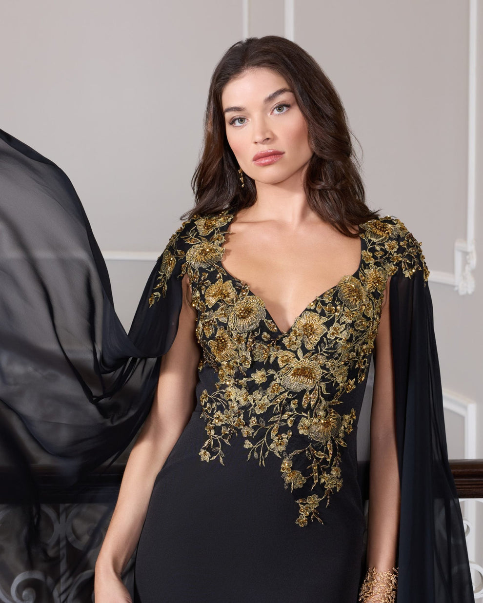 Mac Duggal Women's Embellished Crepe Gown with Chiffon Cape Sleeves - Black - Size 16 - Black Gold Mac Duggal Women's Embellished Crepe Gown with Chiffon Cape Sleeves - Black - Size 16 - Black Gold
