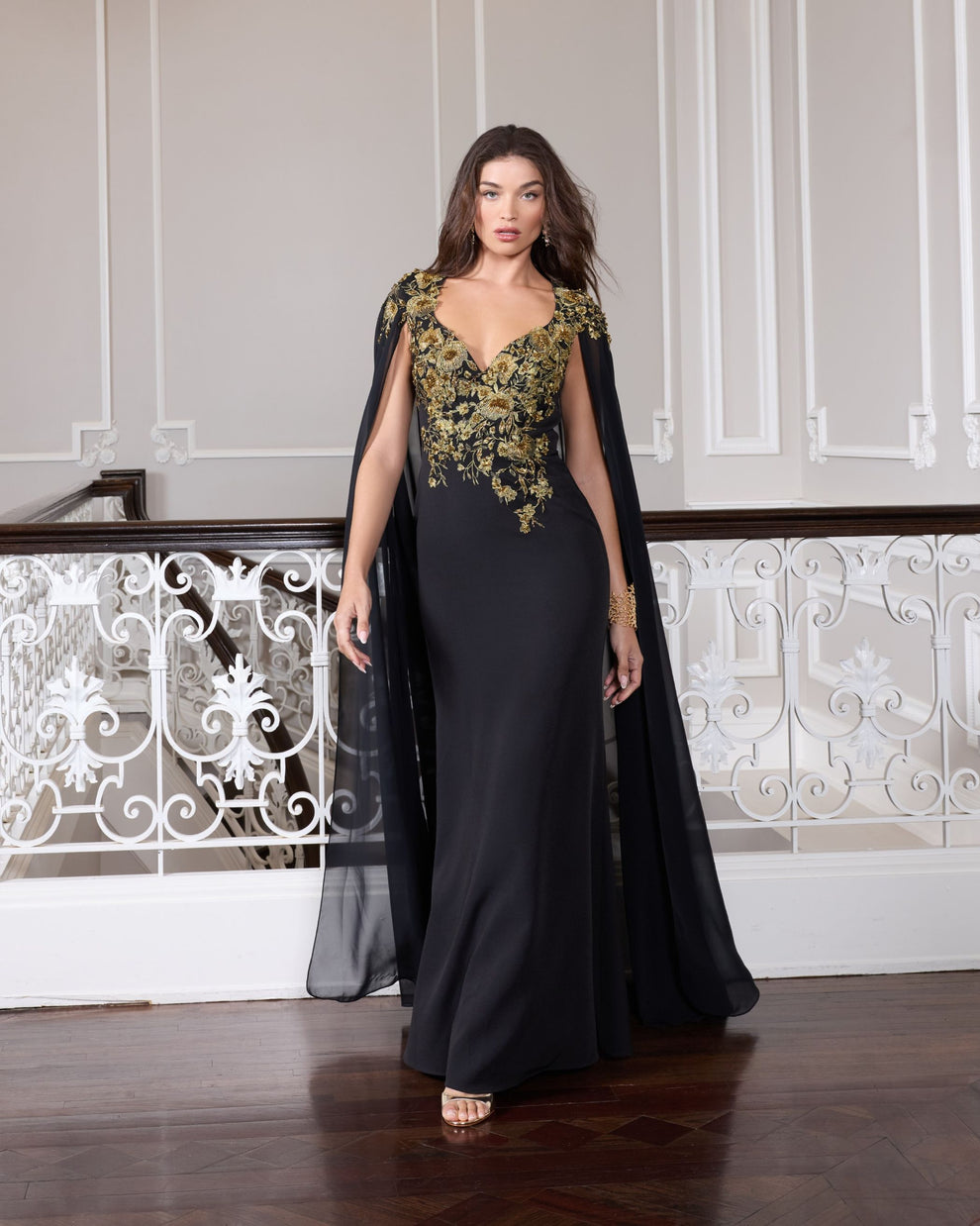 Mac Duggal Women's Embellished Crepe Gown with Chiffon Cape Sleeves - Black - Size 16 - Black Gold Mac Duggal Women's Embellished Crepe Gown with Chiffon Cape Sleeves - Black - Size 16 - Black Gold