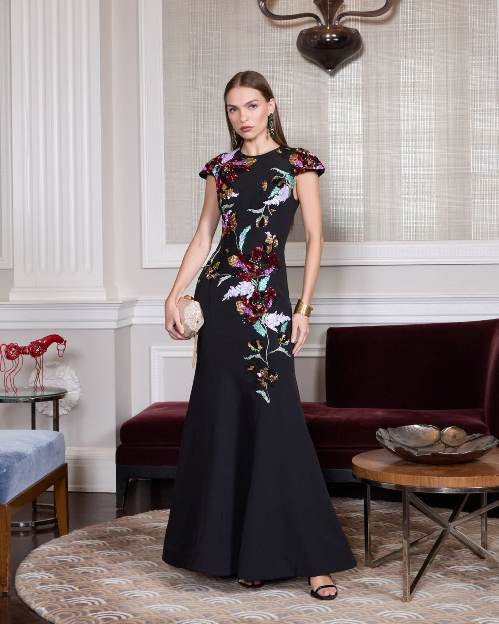 Prom Dress Long Formal Sequin Floral Prom Dress Black Multi