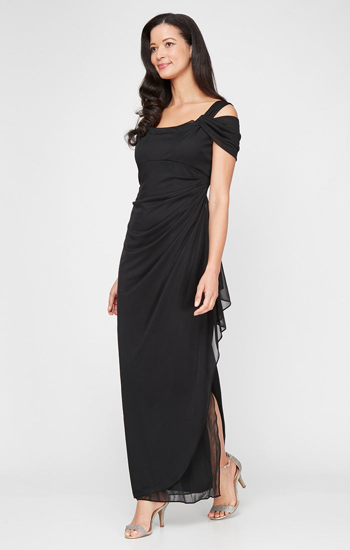 Alex Evenings Petite Lindsay Cold Shoulder Mesh Gown Black / 4P Alex Evenings Petite Lindsay Cold Shoulder Mesh Gown Black / 4P