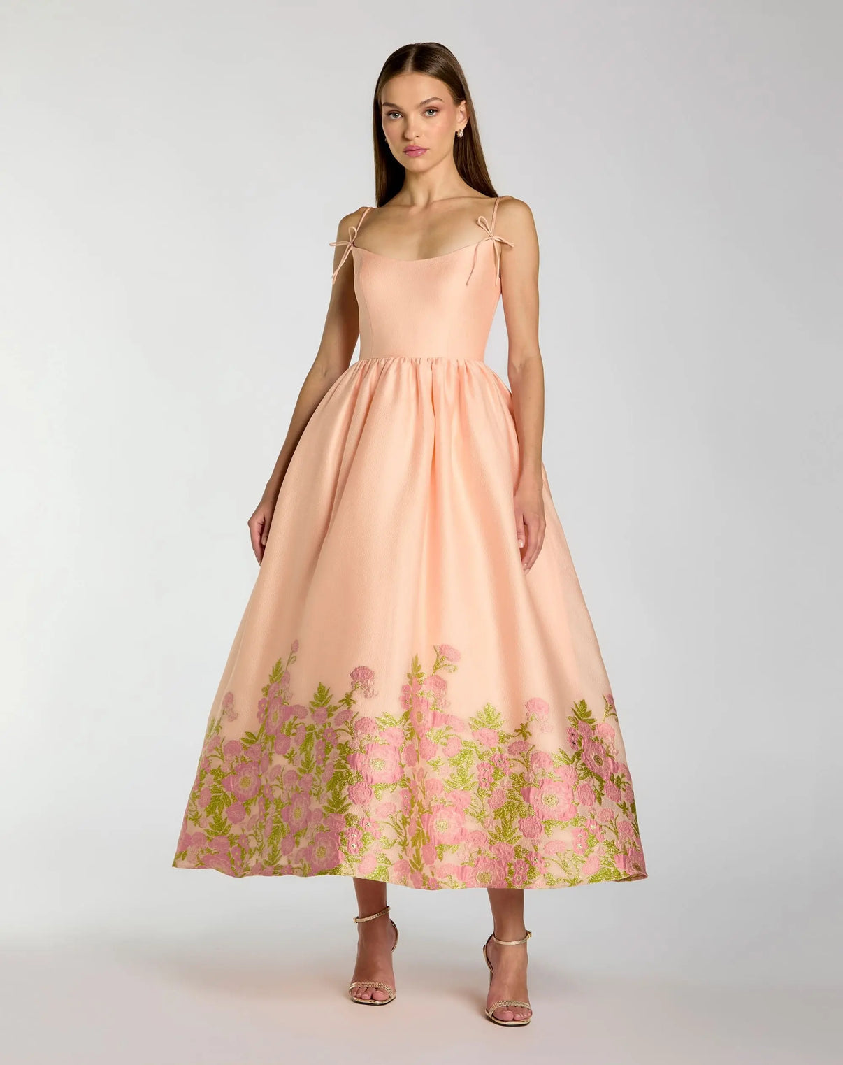 Scoop Neck Tea Length Embroidered Cocktail Dress by Mac Duggal 13266 in Pink Multi