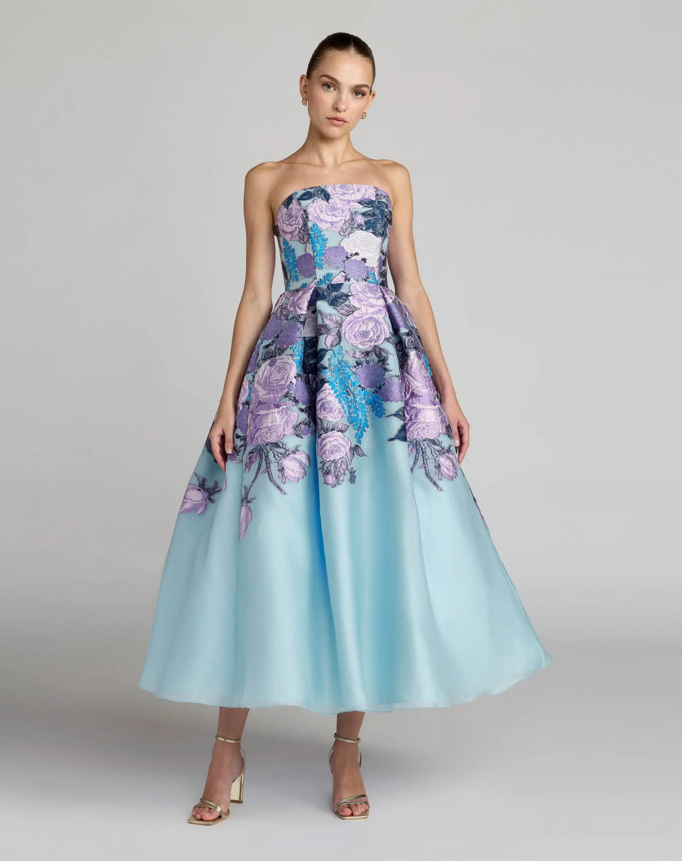 Strapless Tea Length Floral Cocktail Dress by Mac Duggal 13277 in Blue Multi