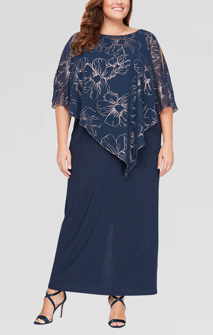 Plus Size Dresses Long Formal Printed Asymmetric Overlay Plus Size Dress NAVY/ROSE GOLD