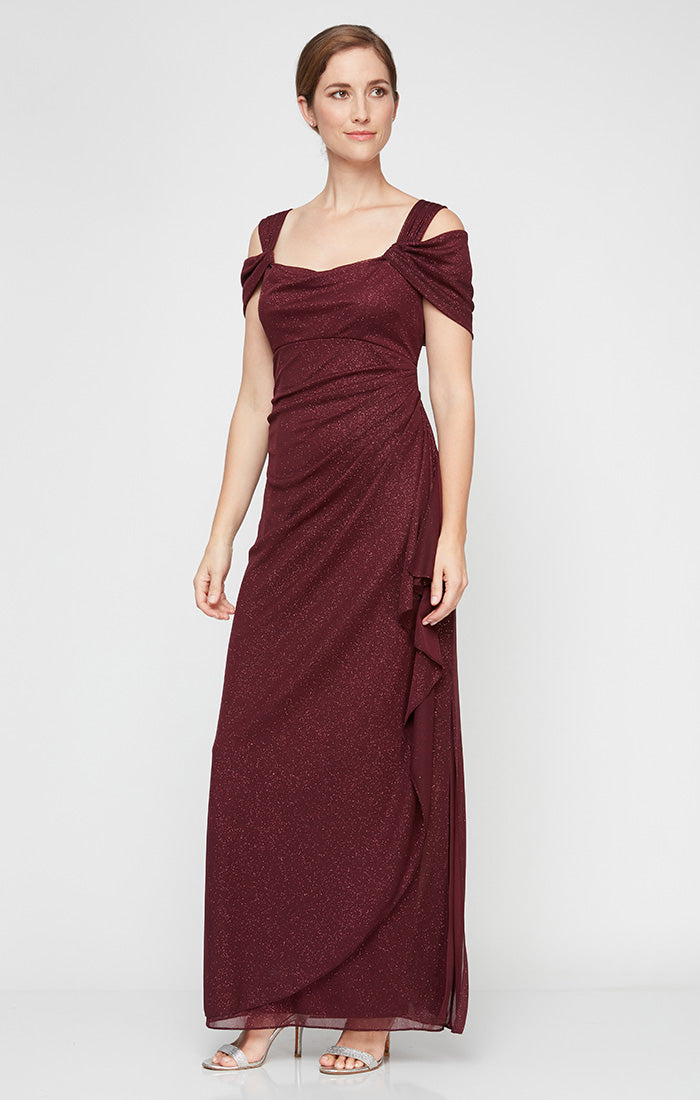 Alex Evenings Cold-Shoulder Draped Metallic Petite Gown - Fig - Size 10p Alex Evenings Cold-Shoulder Draped Metallic Petite Gown - Fig - Size 10p