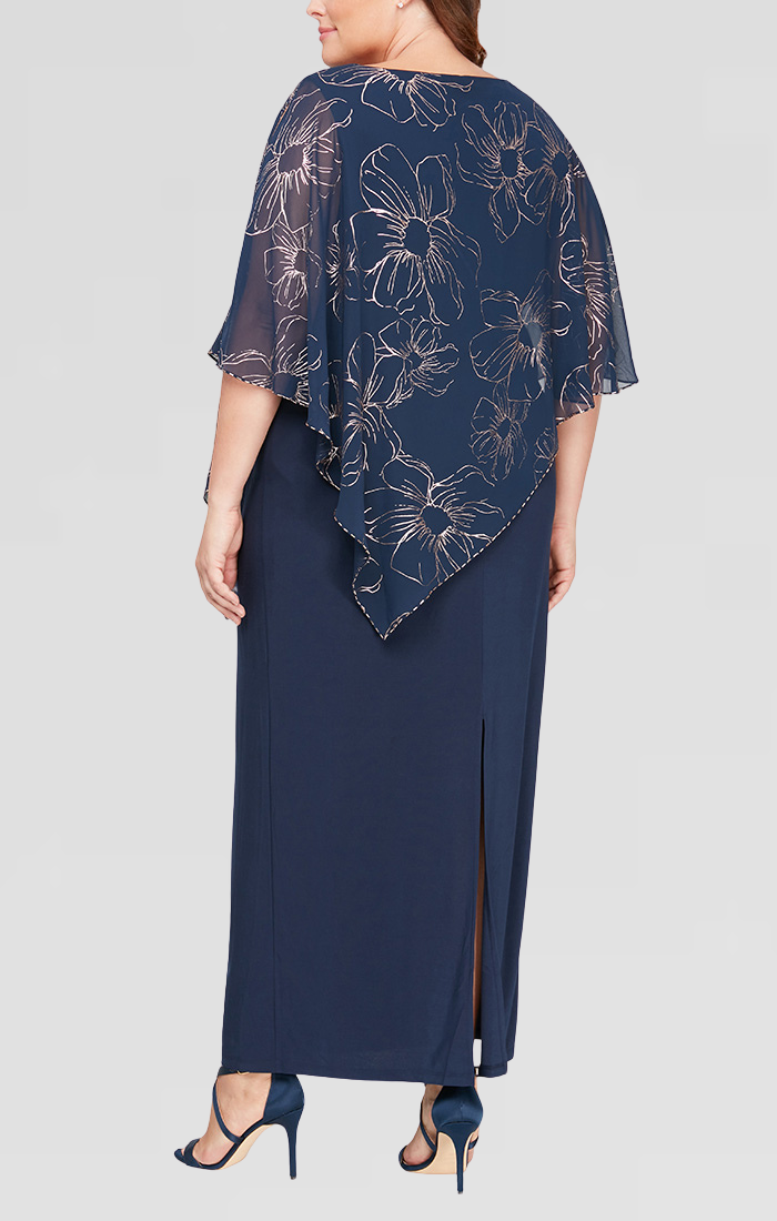 Plus Size Dresses Long Formal Printed Asymmetric Overlay Plus Size Dress NAVY/ROSE GOLD