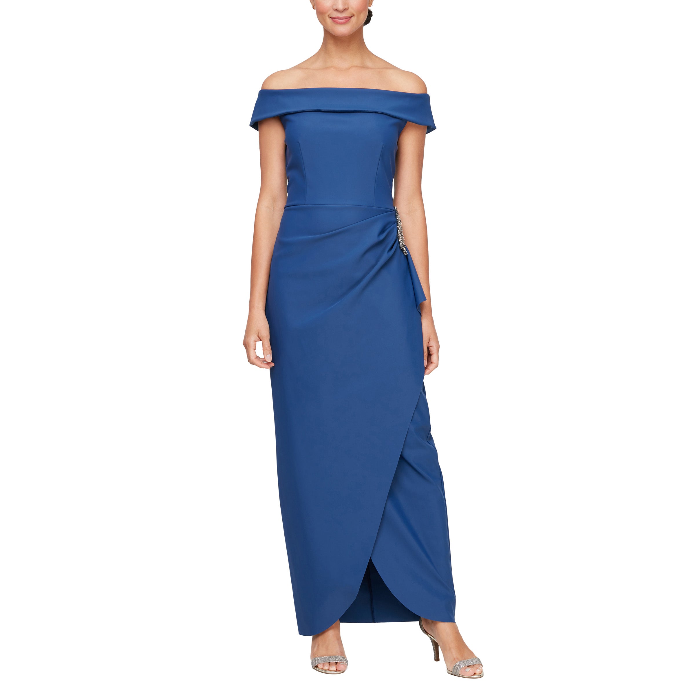 Alex Evenings Off-the-Shoulder Short Sleeve Stretch Matte Jersey Ruched Gown, Womens, 6, Deep Teal Alex Evenings Off-the-Shoulder Short Sleeve Stretch Matte Jersey Ruched Gown, Womens, 6, Deep Teal