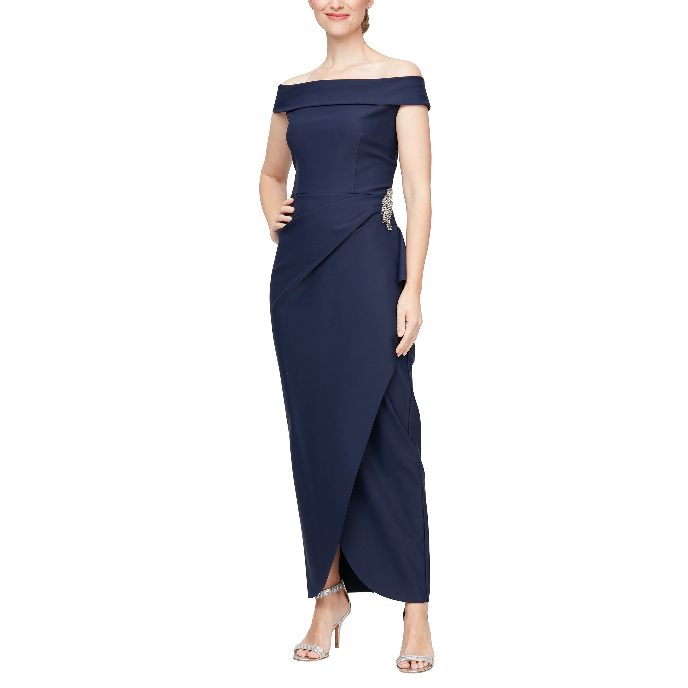 Alex Evenings Off-the-Shoulder Short Sleeve Stretch Matte Jersey Ruched Gown, Womens, 6, Deep Teal Alex Evenings Off-the-Shoulder Short Sleeve Stretch Matte Jersey Ruched Gown, Womens, 6, Deep Teal