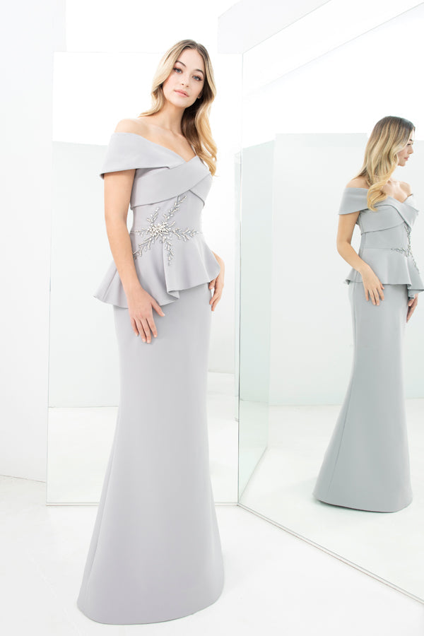 Formal Dresse Long Formal Beaded Applique Peplum Evening Dress Dove Grey