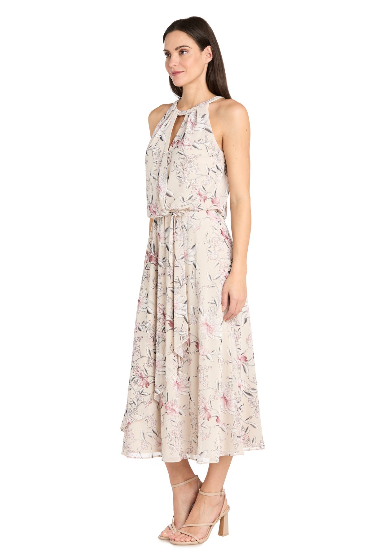 Cocktail Dresses Floral Print Midi Cocktail Dress Ecru