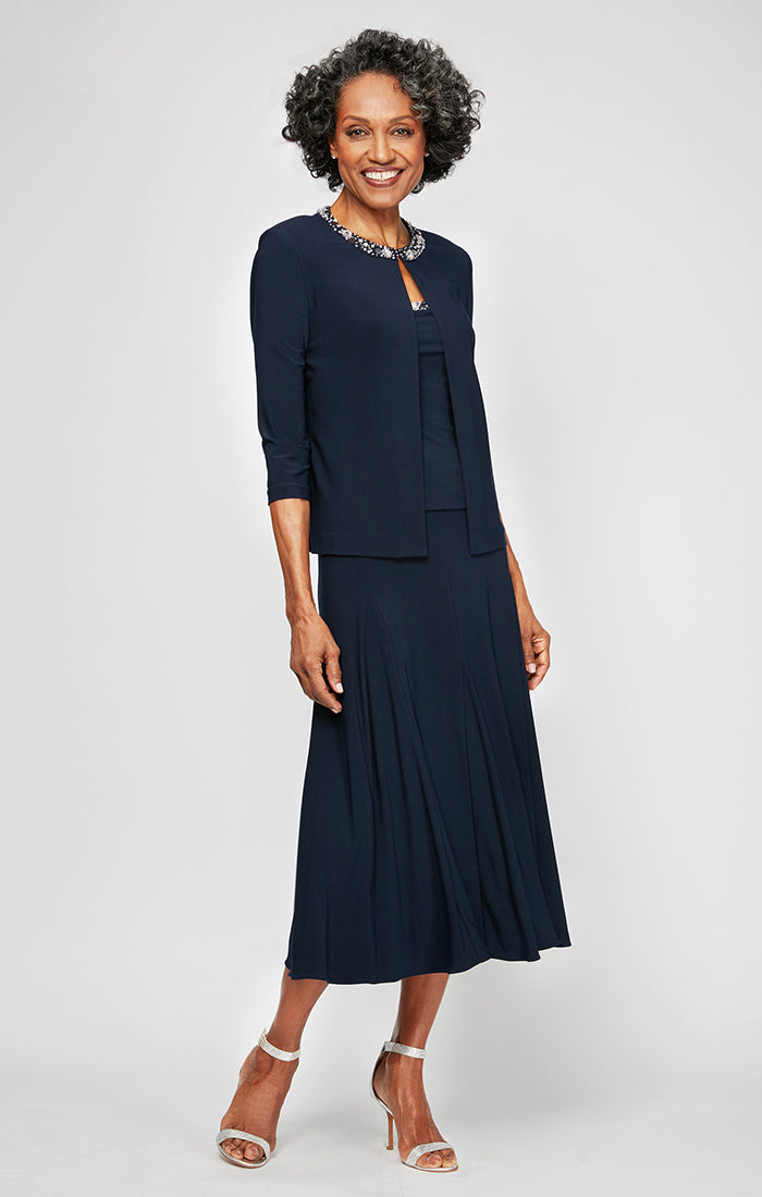 Mother of the Bride Dresses Beaded Short Petite Mother of the Bride Tea Length Jacket Dress Navy