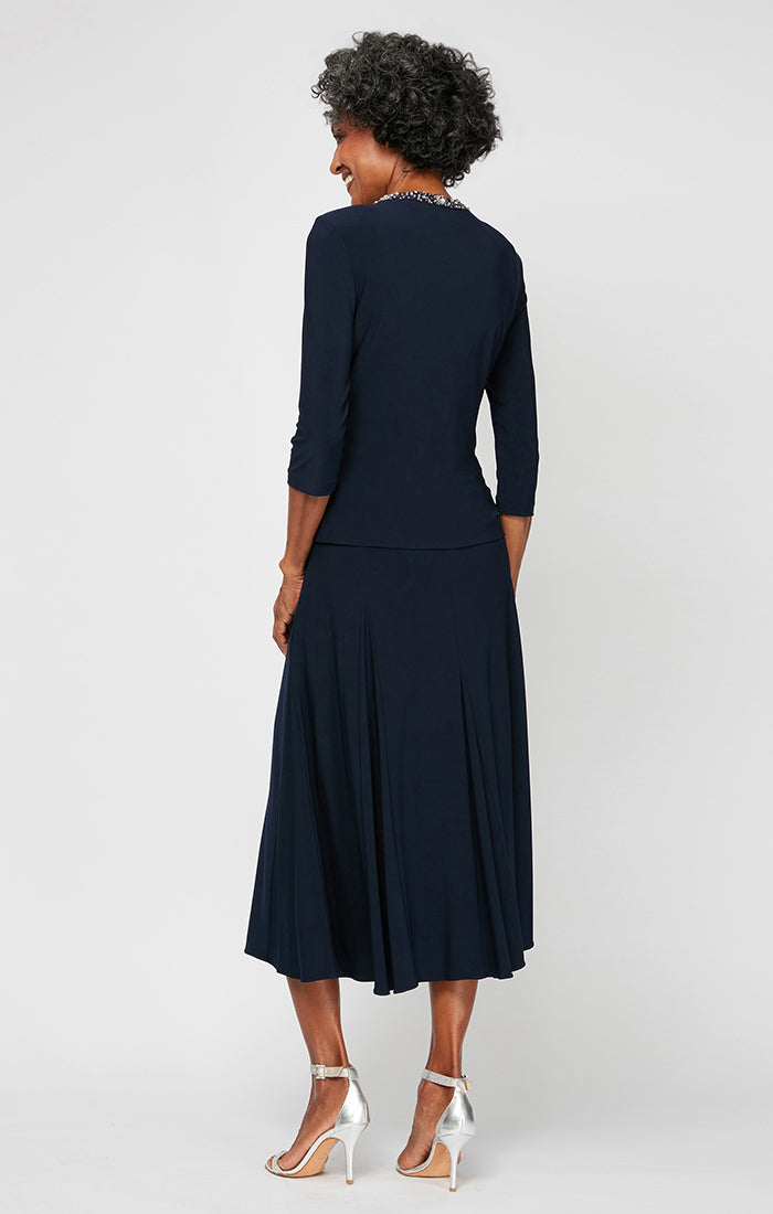 Mother of the Bride Dresses Beaded Short Petite Mother of the Bride Tea Length Jacket Dress Navy