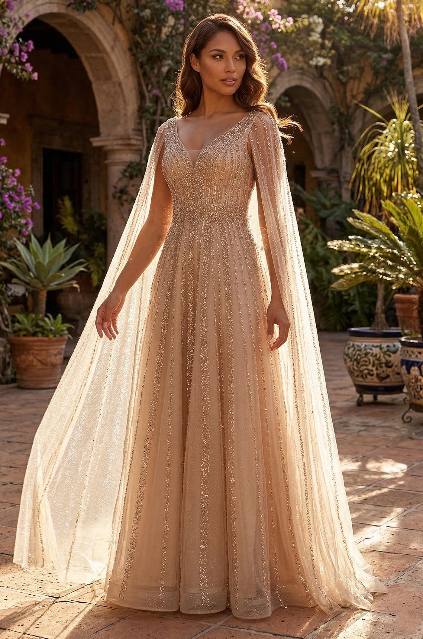 Navy Cape Sleeve Beaded Evening Gown