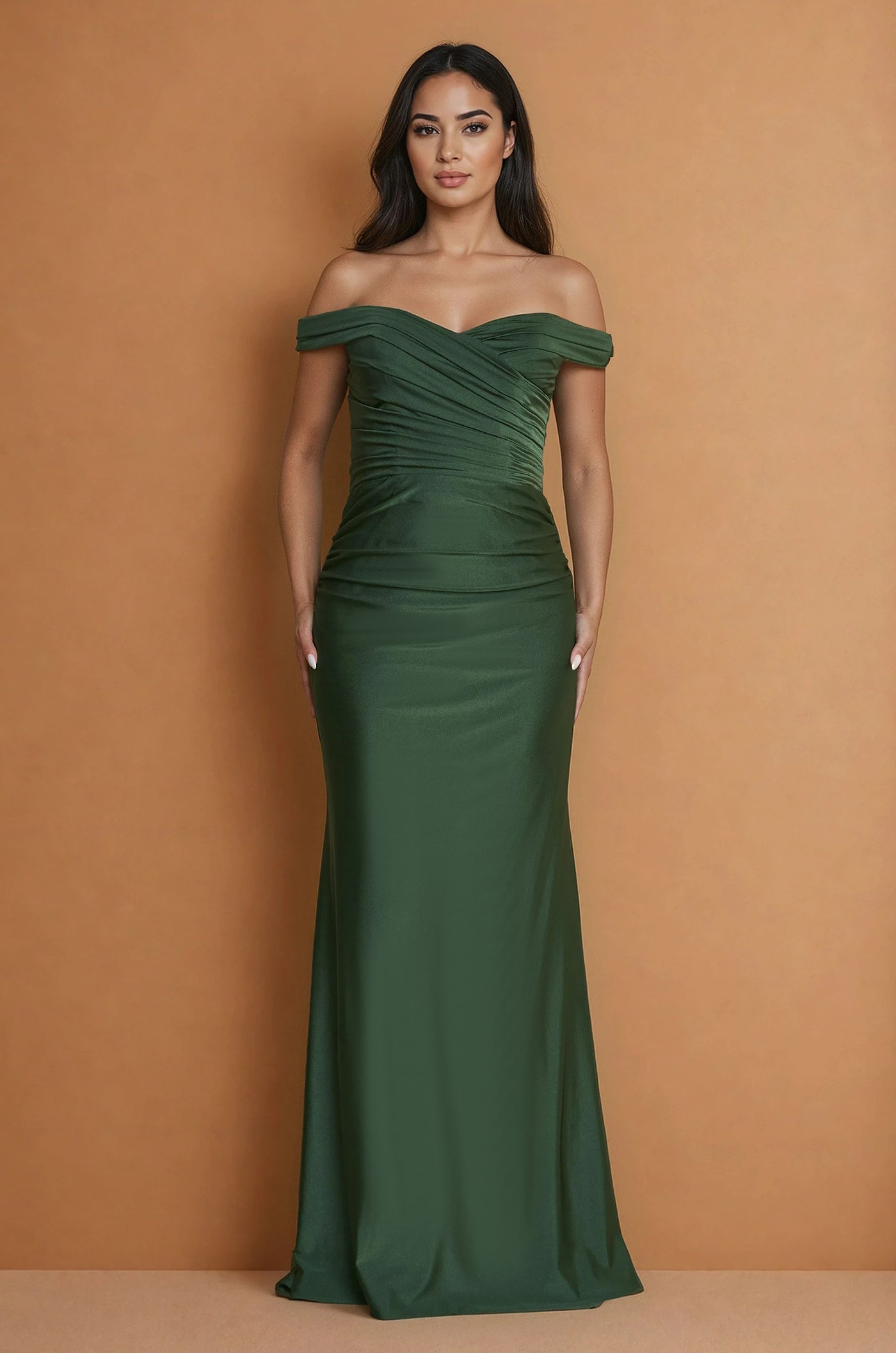 off the shoulder fall dress Shreya Satin Maxi Gown (Sage) 2 A structured Dylan & Davids Long Stretch